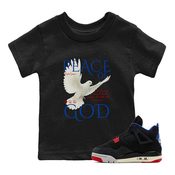 Peace of God baby and kids t-shirt crafted for little sneakerheads to shine with the Air Jordan 4 Rare Air sneakers, displayed in Black 1.