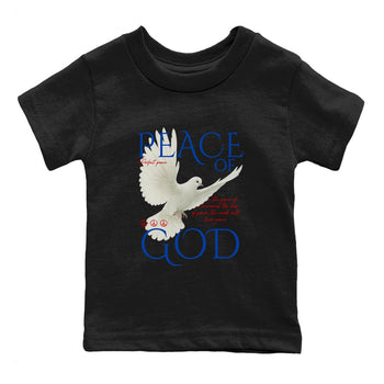 Peace of God baby and kids t-shirt crafted for little sneakerheads to shine with the Air Jordan 4 Rare Air sneakers, displayed in Black 2.