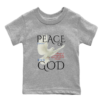 Peace of God baby and kids t-shirt crafted for little sneakerheads to shine with the Air Jordan 4 Rare Air sneakers, displayed in Heather Grey 2.