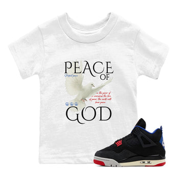 Peace of God baby and kids t-shirt crafted for little sneakerheads to shine with the Air Jordan 4 Rare Air sneakers, displayed in White 1.