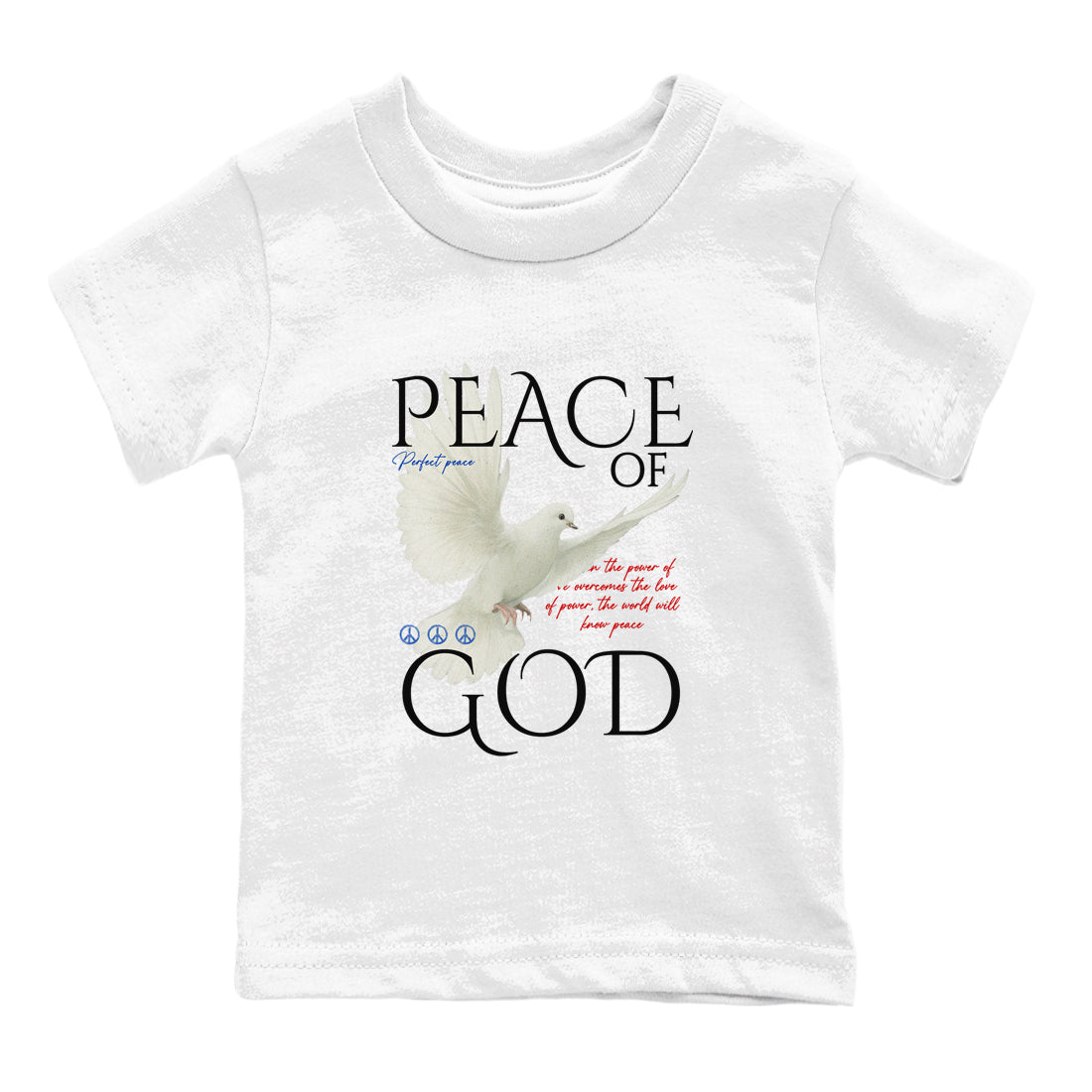 Peace of God baby and kids t-shirt crafted for little sneakerheads to shine with the Air Jordan 4 Rare Air sneakers, displayed in White 2.