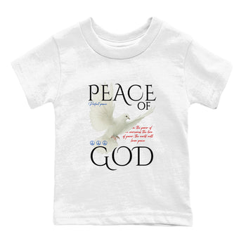 Peace of God baby and kids t-shirt crafted for little sneakerheads to shine with the Air Jordan 4 Rare Air sneakers, displayed in White 2.