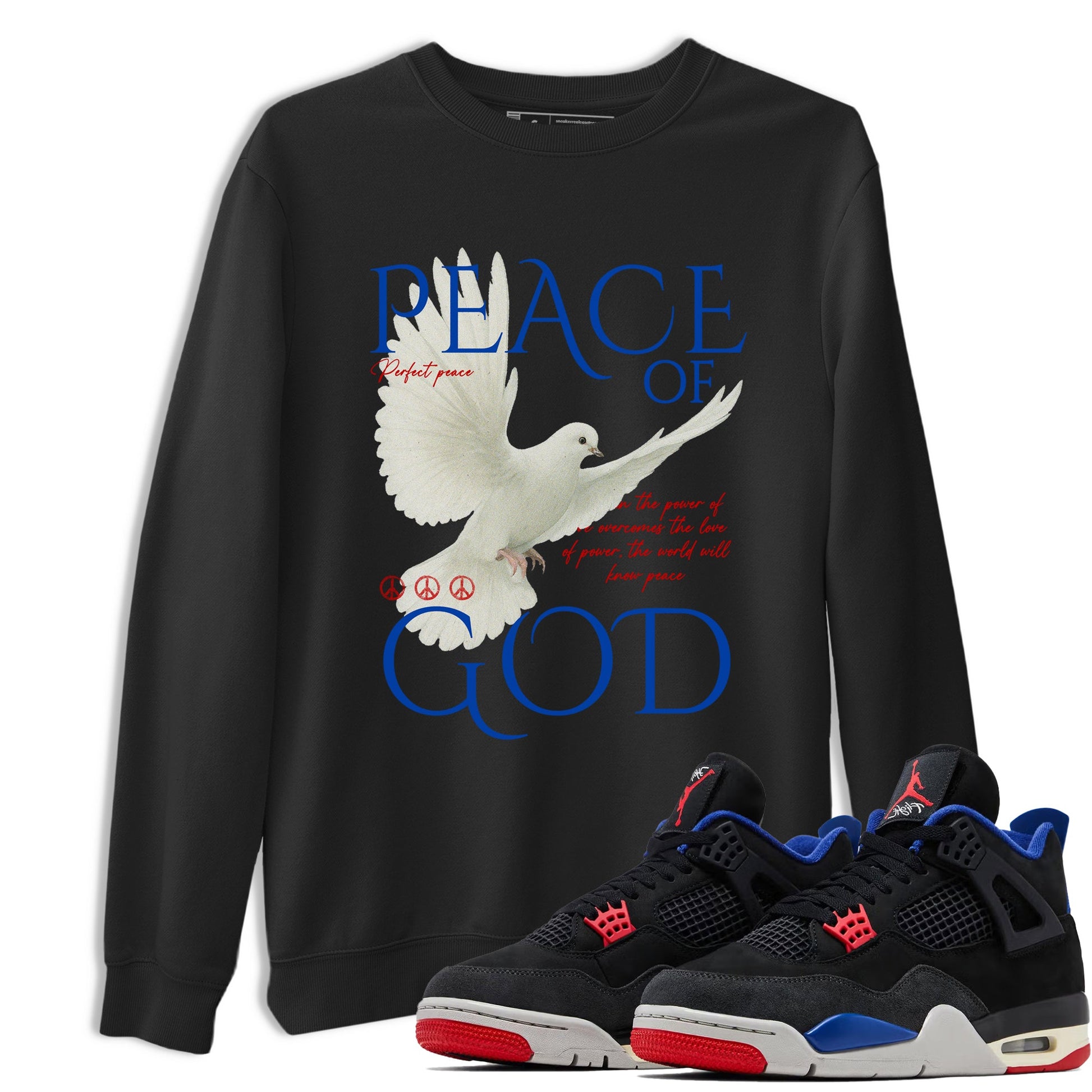 Peace of God sneaker match t-shirt styled to complete your fit with the Air Jordan 4 Rare Air sneakers, shown in Black 1.