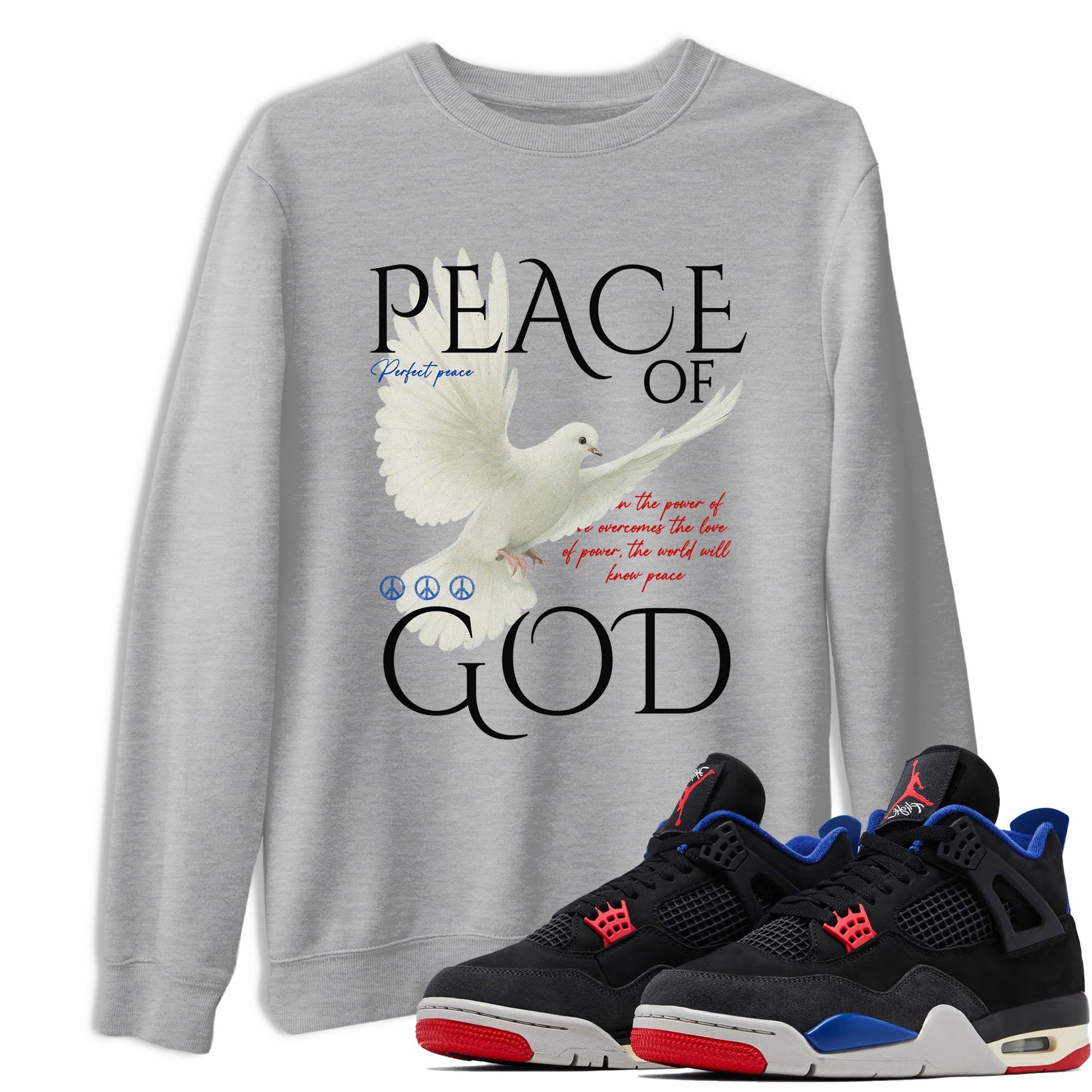Peace of God sneaker match t-shirt styled to complete your fit with the Air Jordan 4 Rare Air sneakers, shown in Heather Grey 1.