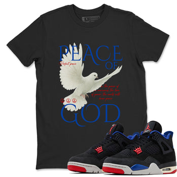 Peace of God sneaker match t-shirt styled to complete your fit with the Air Jordan 4 Rare Air sneakers, shown in Black 1.