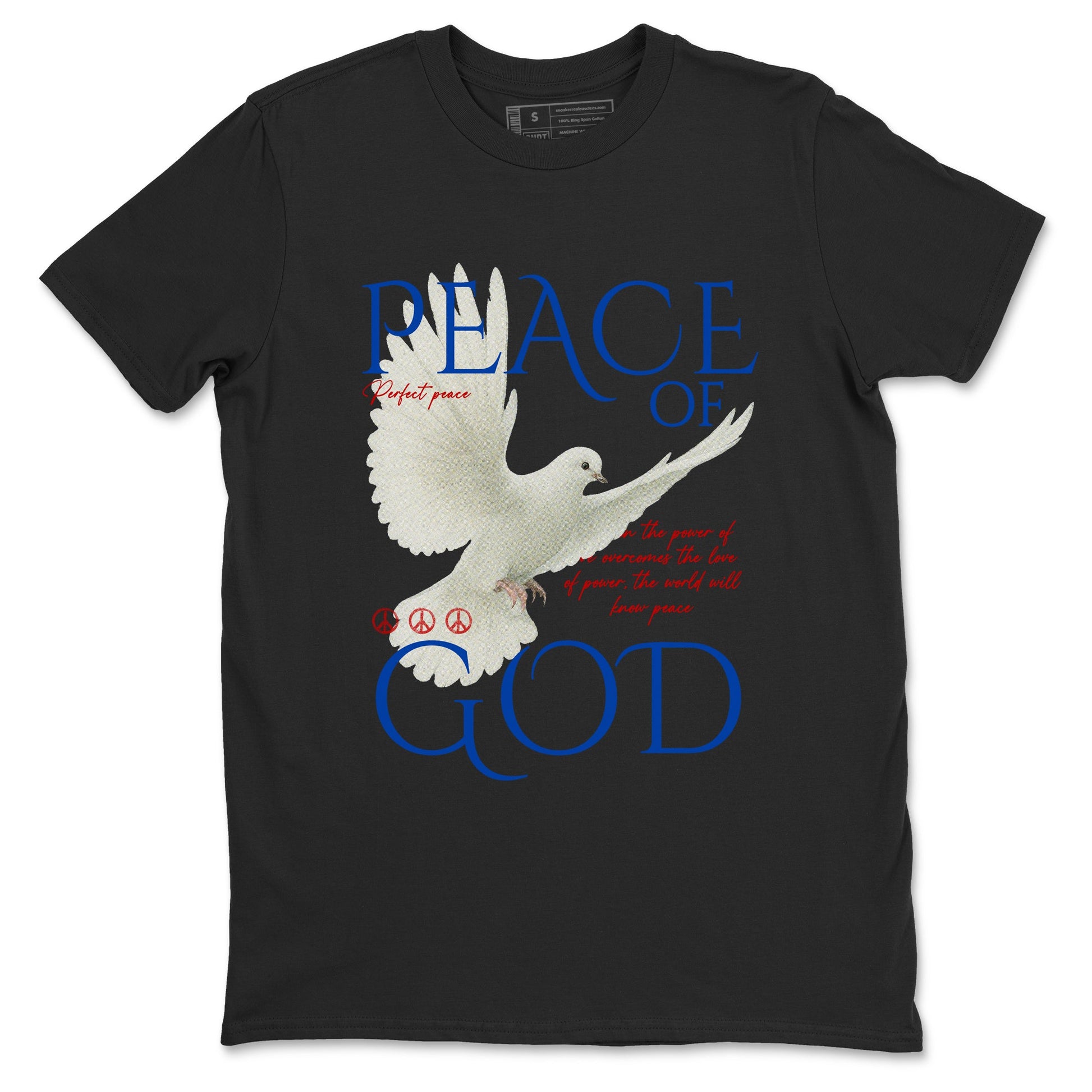 Peace of God sneaker match t-shirt styled to complete your fit with the Air Jordan 4 Rare Air sneakers, shown in Black 2.