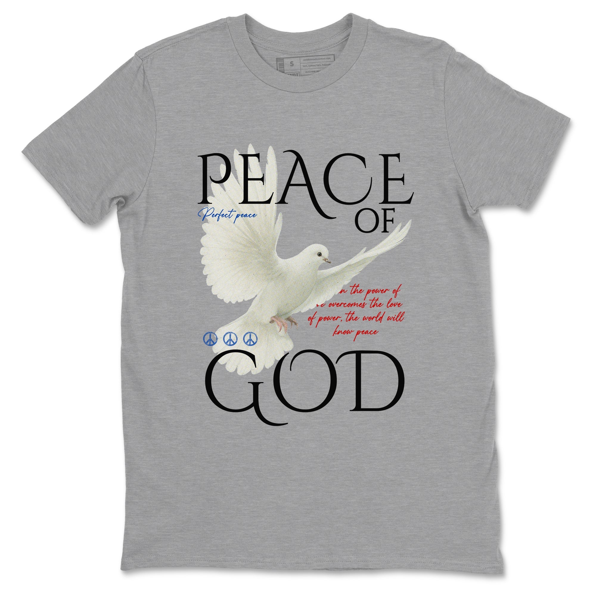 Peace of God sneaker match t-shirt styled to complete your fit with the Air Jordan 4 Rare Air sneakers, shown in Heather Grey 2.