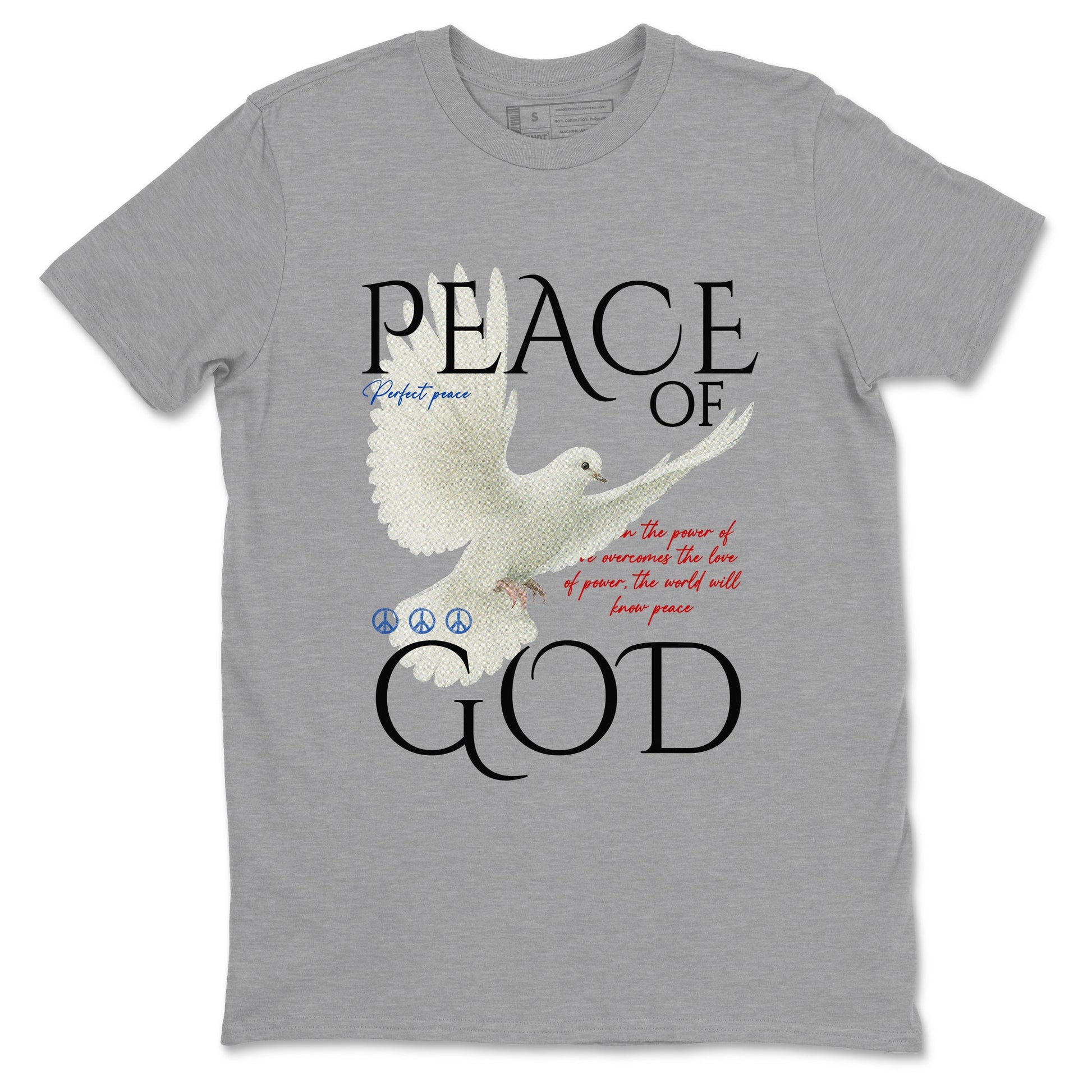 Peace of God sneaker match t-shirt styled to complete your fit with the Air Jordan 4 Rare Air sneakers, shown in Heather Grey 2.