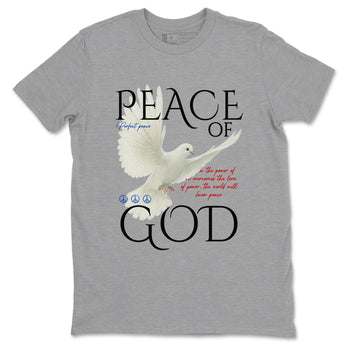 Peace of God sneaker match t-shirt styled to complete your fit with the Air Jordan 4 Rare Air sneakers, shown in Heather Grey 2.