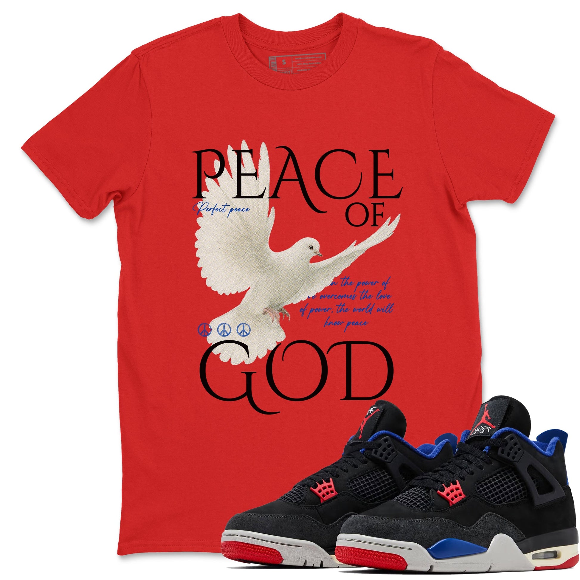 Peace of God sneaker match t-shirt styled to complete your fit with the Air Jordan 4 Rare Air sneakers, shown in Red 1.