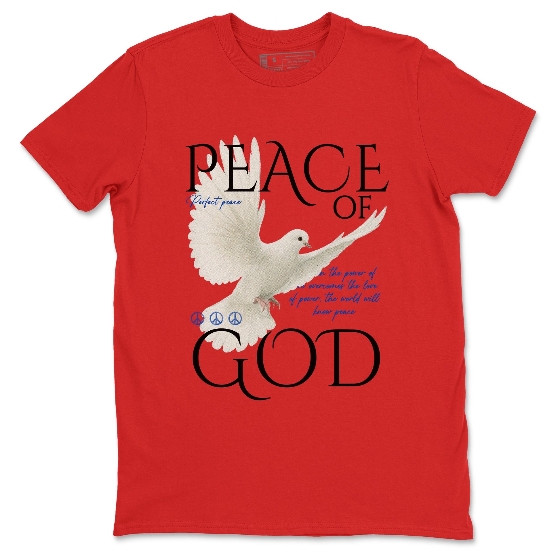 Peace of God sneaker match t-shirt styled to complete your fit with the Air Jordan 4 Rare Air sneakers, shown in Red 2.