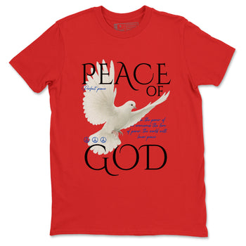 Peace of God sneaker match t-shirt styled to complete your fit with the Air Jordan 4 Rare Air sneakers, shown in Red 2.