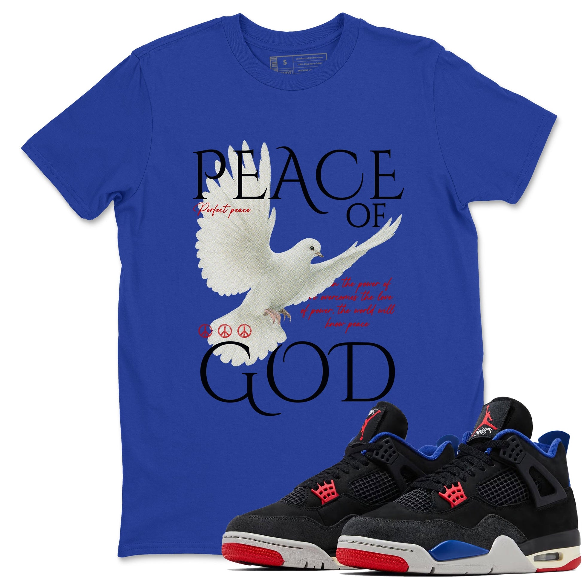 Peace of God sneaker match t-shirt styled to complete your fit with the Air Jordan 4 Rare Air sneakers, shown in Royal Blue 1.