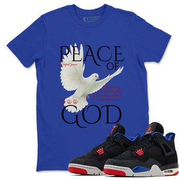 Peace of God sneaker match t-shirt styled to complete your fit with the Air Jordan 4 Rare Air sneakers, shown in Royal Blue 1.