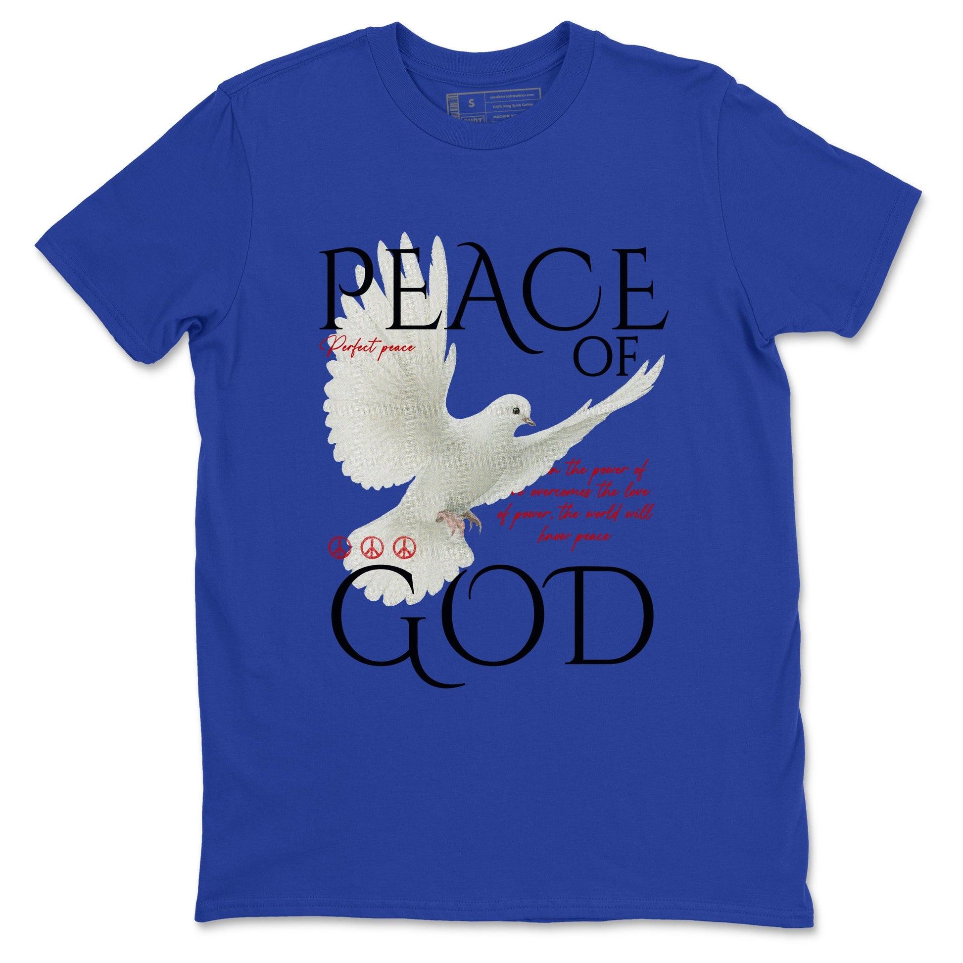 Peace of God sneaker match t-shirt styled to complete your fit with the Air Jordan 4 Rare Air sneakers, shown in Royal Blue 2.