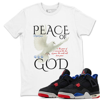 Peace of God sneaker match t-shirt styled to complete your fit with the Air Jordan 4 Rare Air sneakers, shown in White 1.
