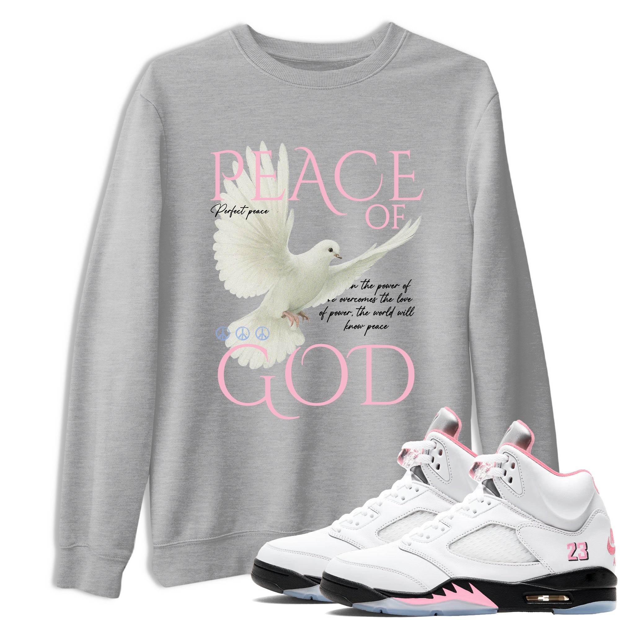 Sneaker match tees – Sneaker Tees To Match Air Jordan 5 Medium Soft Pink Shoes – Peace of God Tee Heather Grey 1
