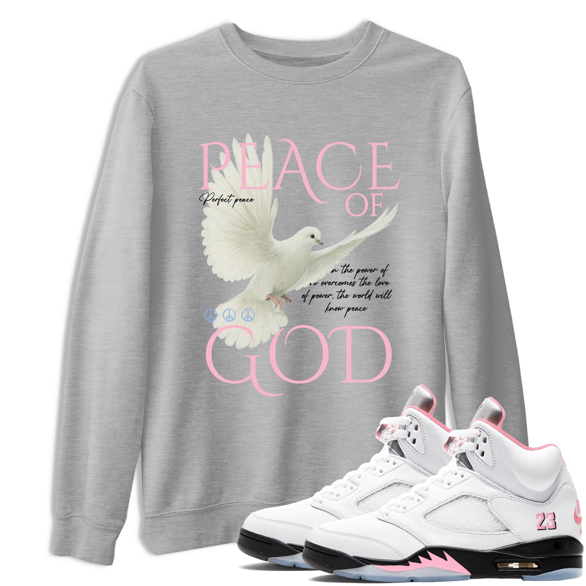 Sneaker match tees – Sneaker Tees To Match Air Jordan 5 Medium Soft Pink Shoes – Peace of God Tee Heather Grey 1