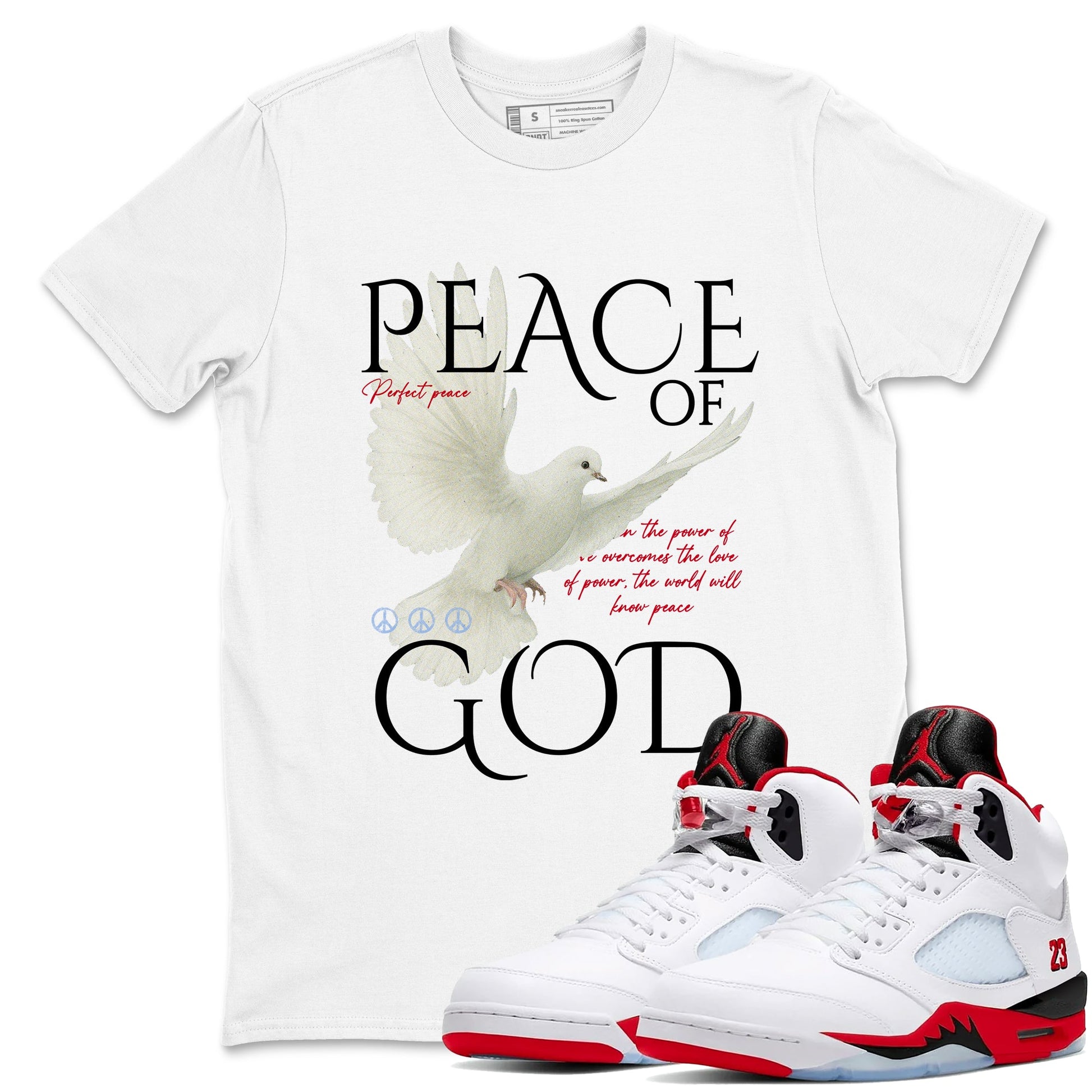 Sneaker match tees – Sneaker Tees To Match Air Jordan 5 Fire Red Shoes – Peace of God Tee White 1