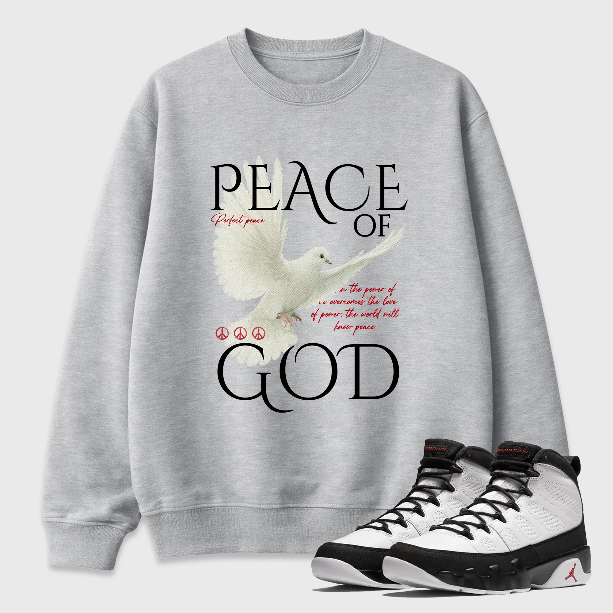 Peace of God Graphic T-Shirt featuring original streetwear artwork designed to match the Air Jordan 9 True Red. Heather Grey 1 Graphic Tee.