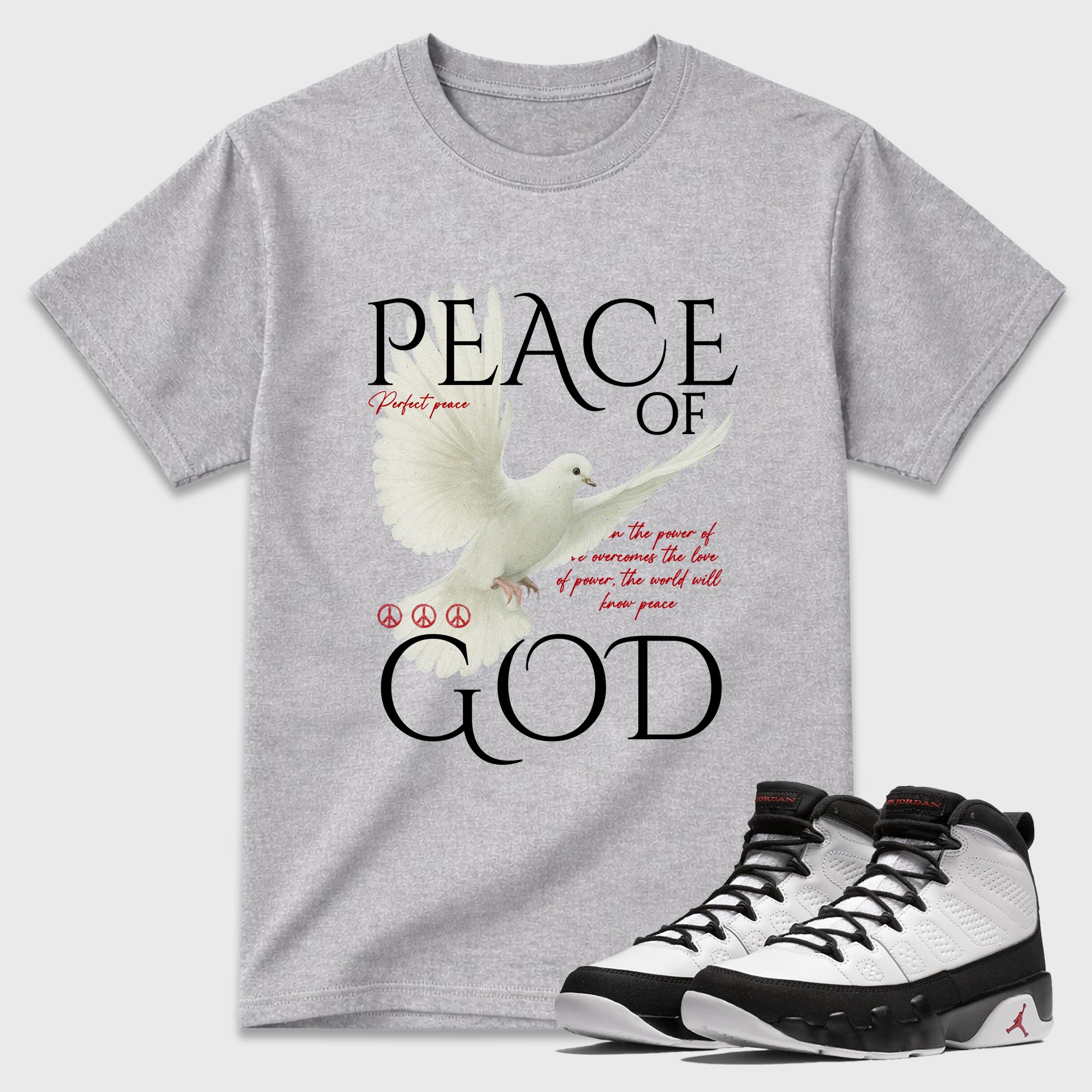 Peace of God Graphic T-Shirt featuring original streetwear artwork designed to match the Air Jordan 9 True Red. Heather Grey 1 Graphic T-Shirt.