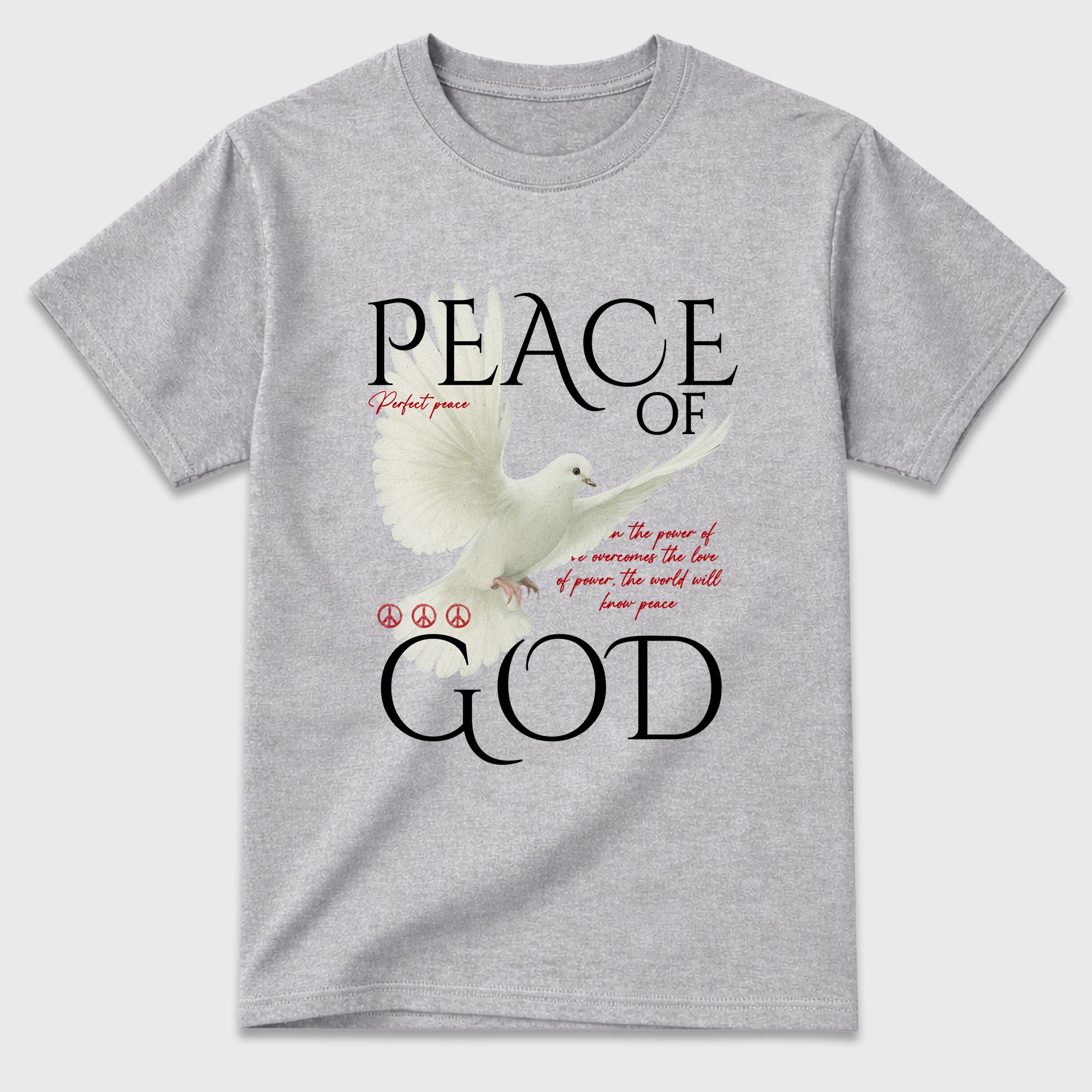 Peace of God Graphic T-Shirt featuring original streetwear artwork designed to match the Air Jordan 9 True Red. Heather Grey 2 Graphic T-Shirt.