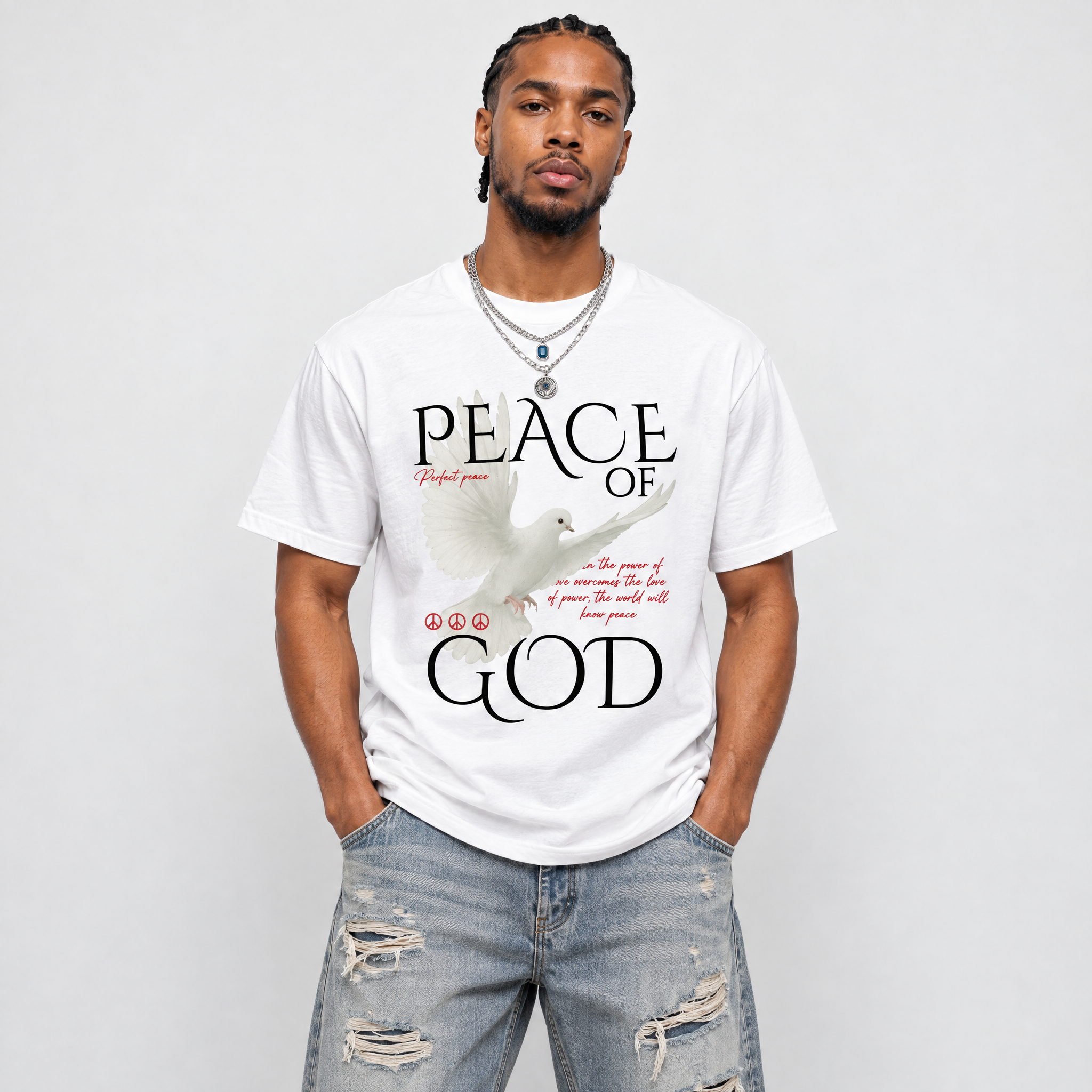 Peace of God Graphic T-Shirt featuring original streetwear artwork designed to match the Air Jordan 9 True Red. White 1 Graphic T-Shirt.