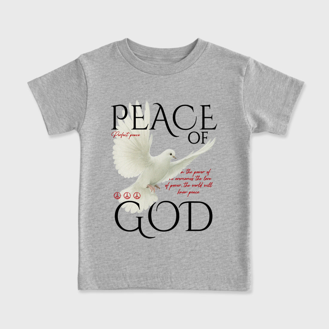 Peace of God Baby & Kids Graphic T-Shirt featuring original artwork designed to match the Air Jordan 9 True Red. Heather Grey 2 Kids Graphic Tee.