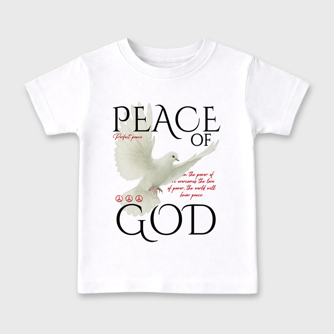 Peace of God Baby & Kids Graphic T-Shirt featuring original artwork designed to match the Air Jordan 9 True Red. White 2 Kids Graphic Tee.
