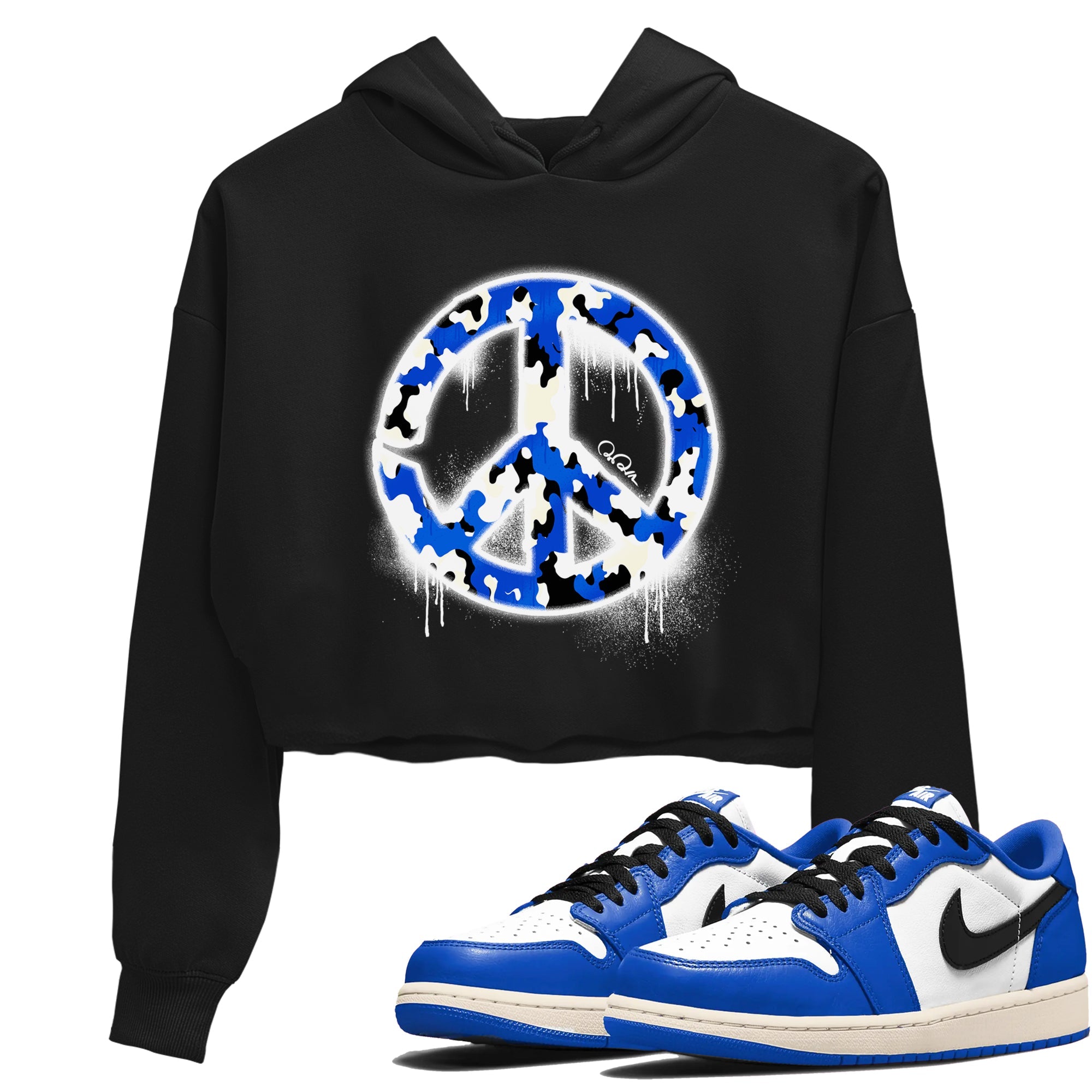 AJ1 Game Royal shirt to match jordans Peace Sign sneaker tees Air Jordan 1 Game Royal SNRT Sneaker Release Tees Black 1 crop length shirt