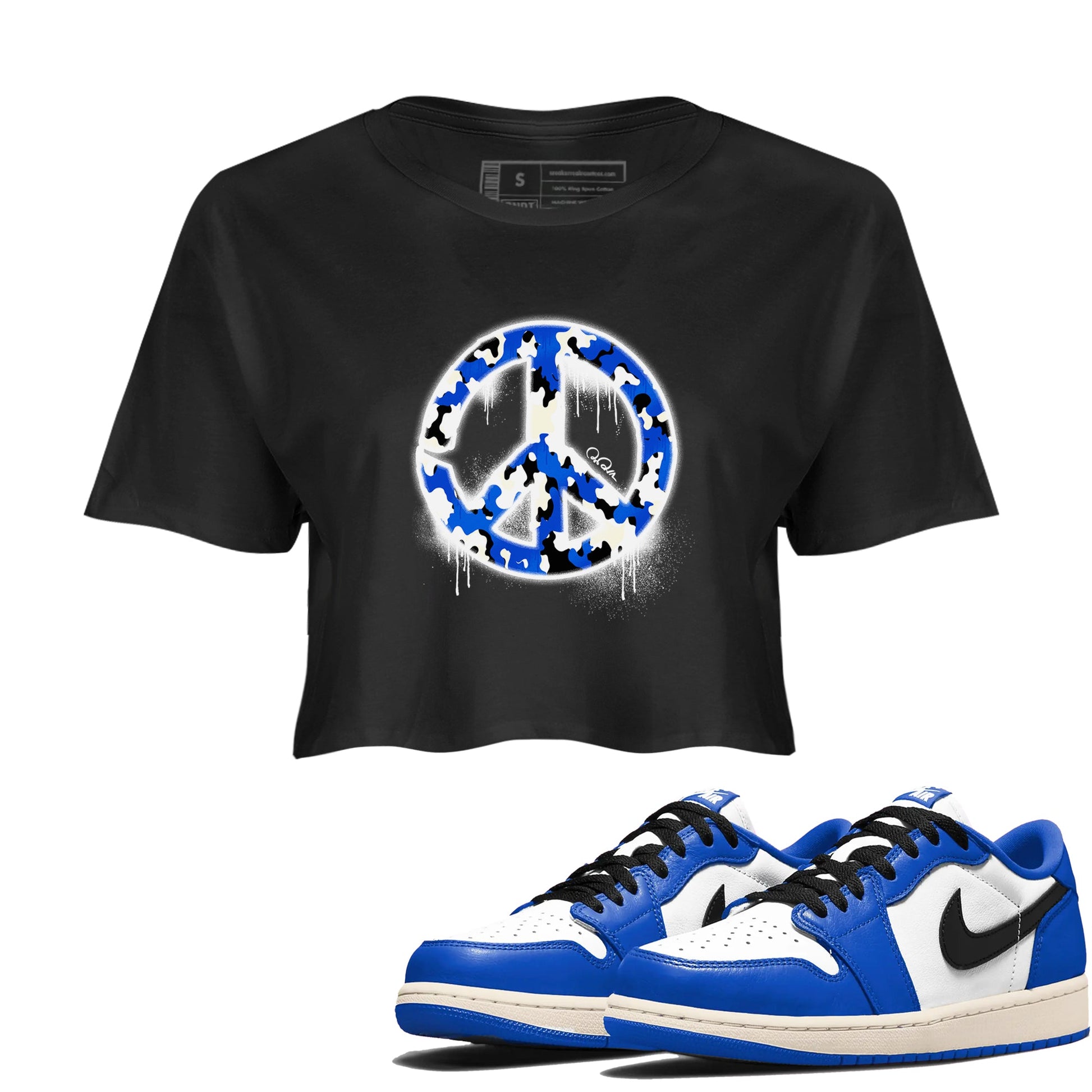 AJ1 Game Royal shirt to match jordans Peace Sign sneaker tees Air Jordan 1 Game Royal SNRT Sneaker Release Tees Black 1 crop length shirt