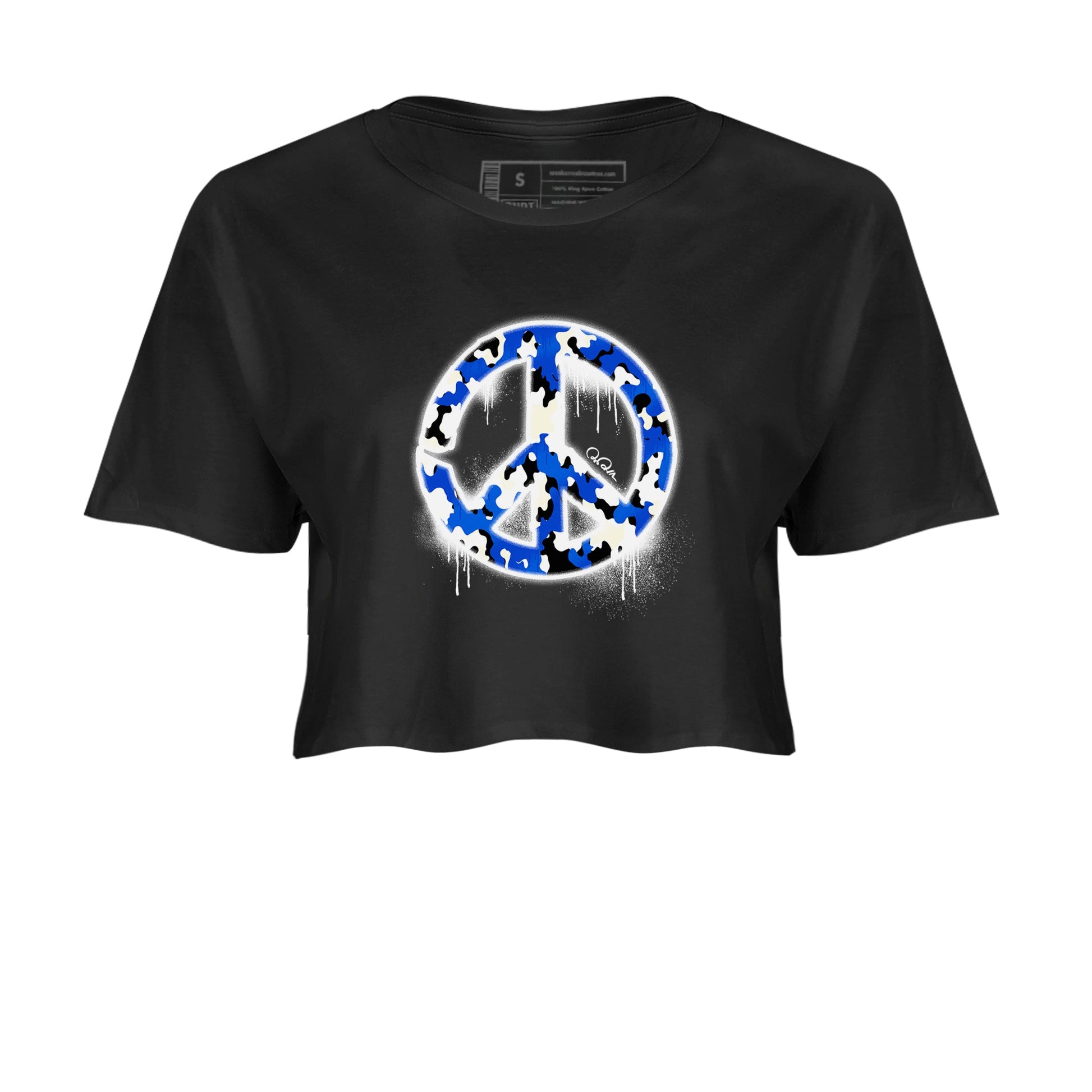 AJ1 Game Royal shirt to match jordans Peace Sign sneaker tees Air Jordan 1 Game Royal SNRT Sneaker Release Tees Black 2 crop length shirt