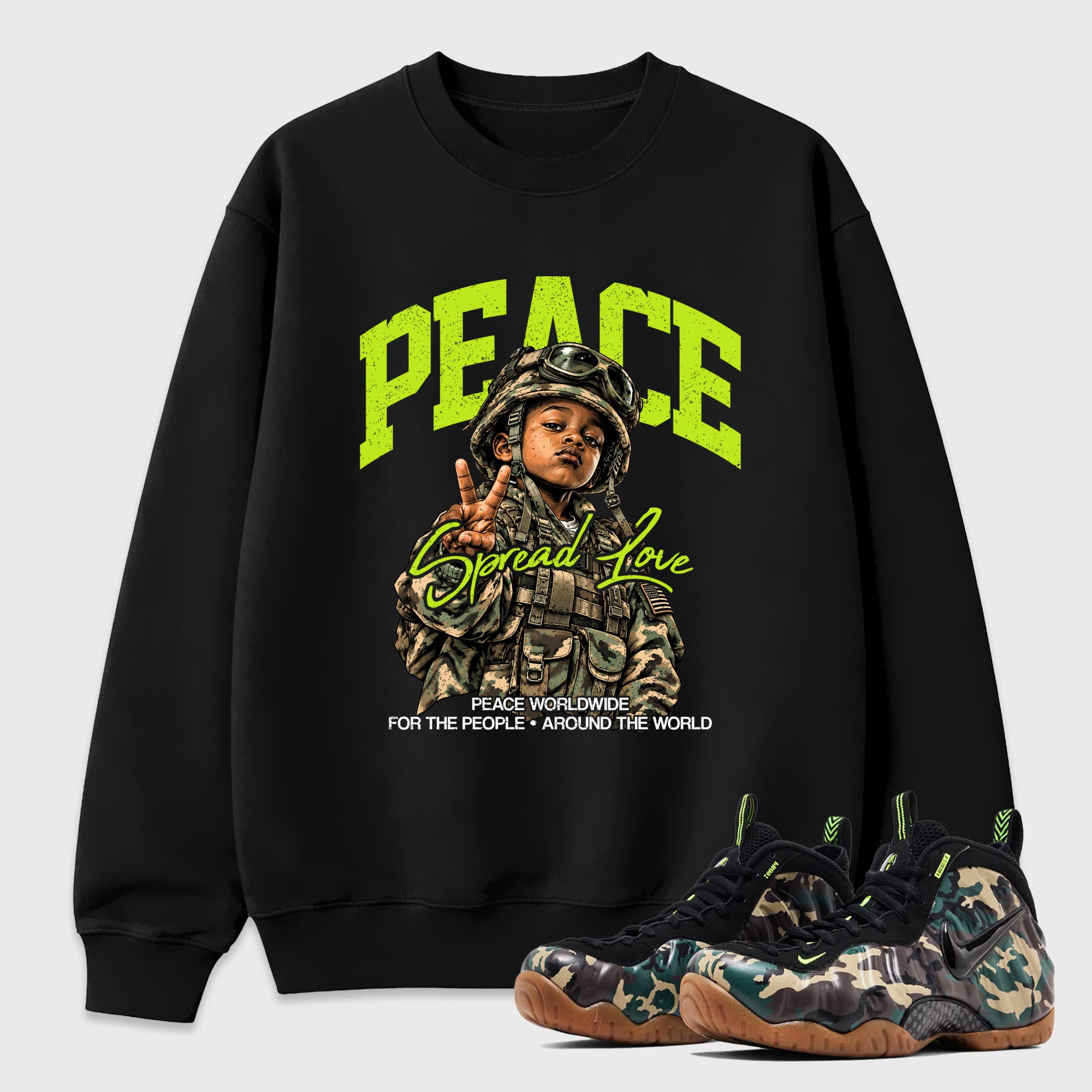 Peace Worldwide Graphic T-Shirt featuring original streetwear artwork designed to match the Air Foamposite Pro Green Camo. Black 1 Graphic Tee.