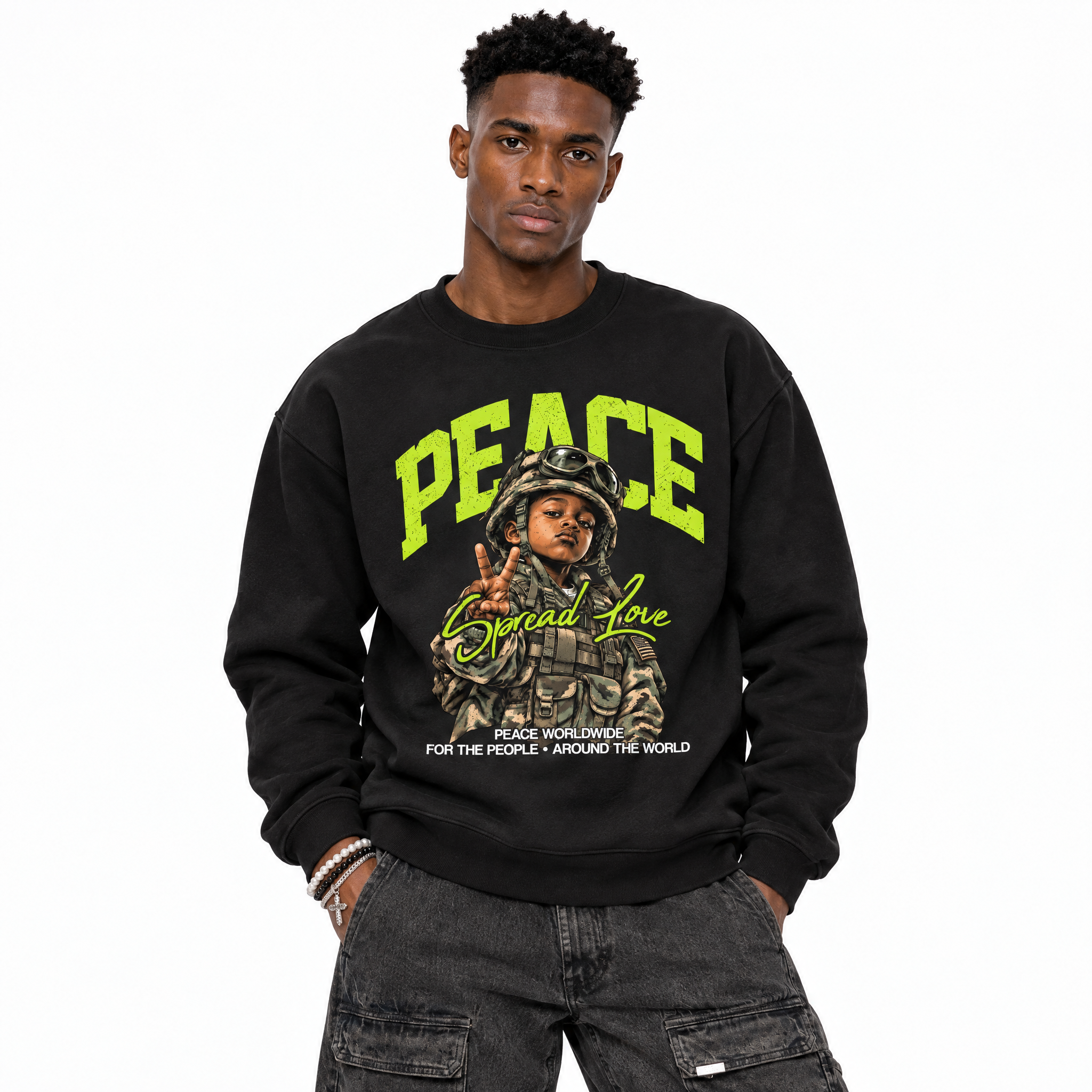 Peace Worldwide Graphic T-Shirt featuring original streetwear artwork designed to match the Air Foamposite Pro Green Camo. Black 1 Graphic Tee.