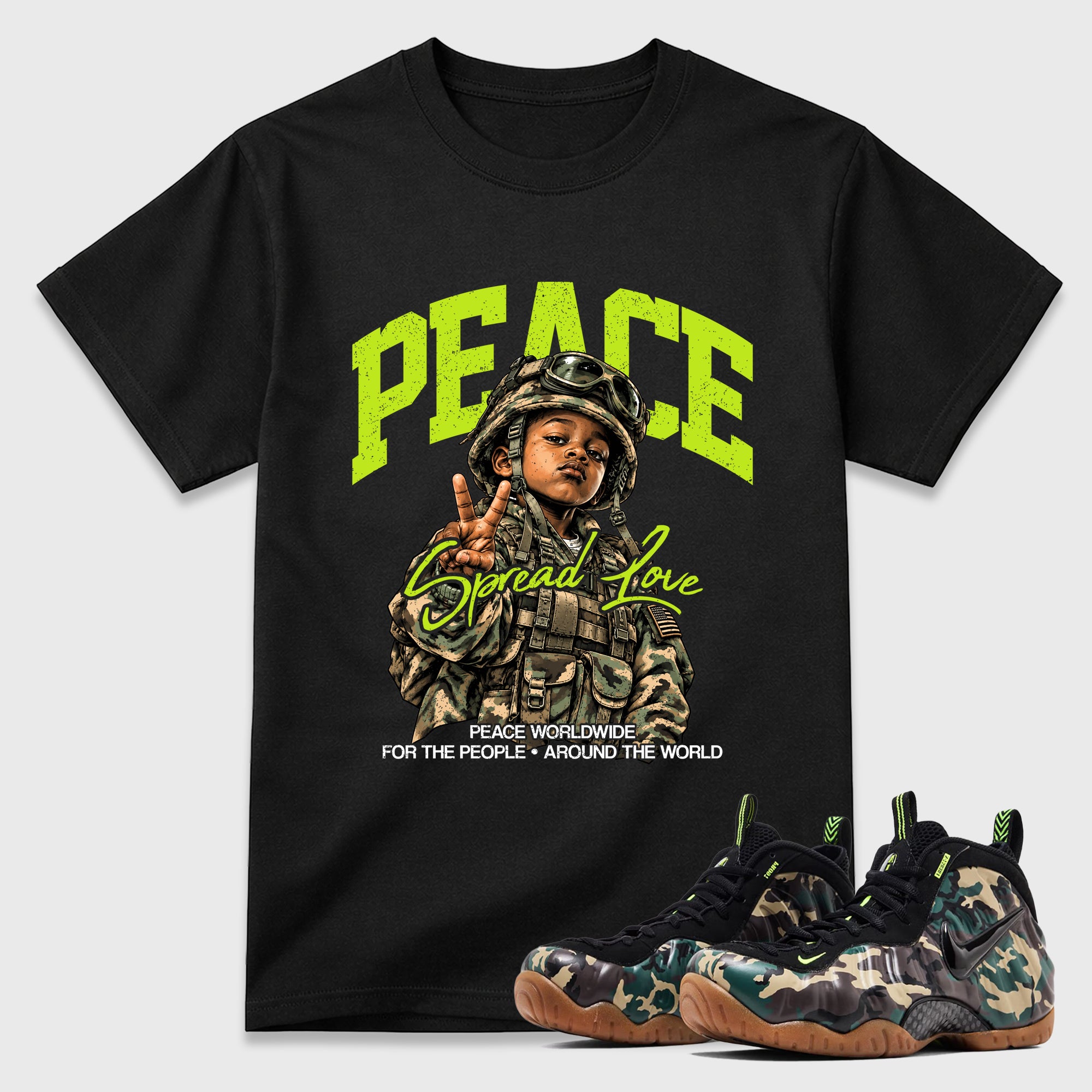 Peace Worldwide Graphic T-Shirt featuring original streetwear artwork designed to match the Air Foamposite Pro Green Camo. Black 1 Graphic T-Shirt.
