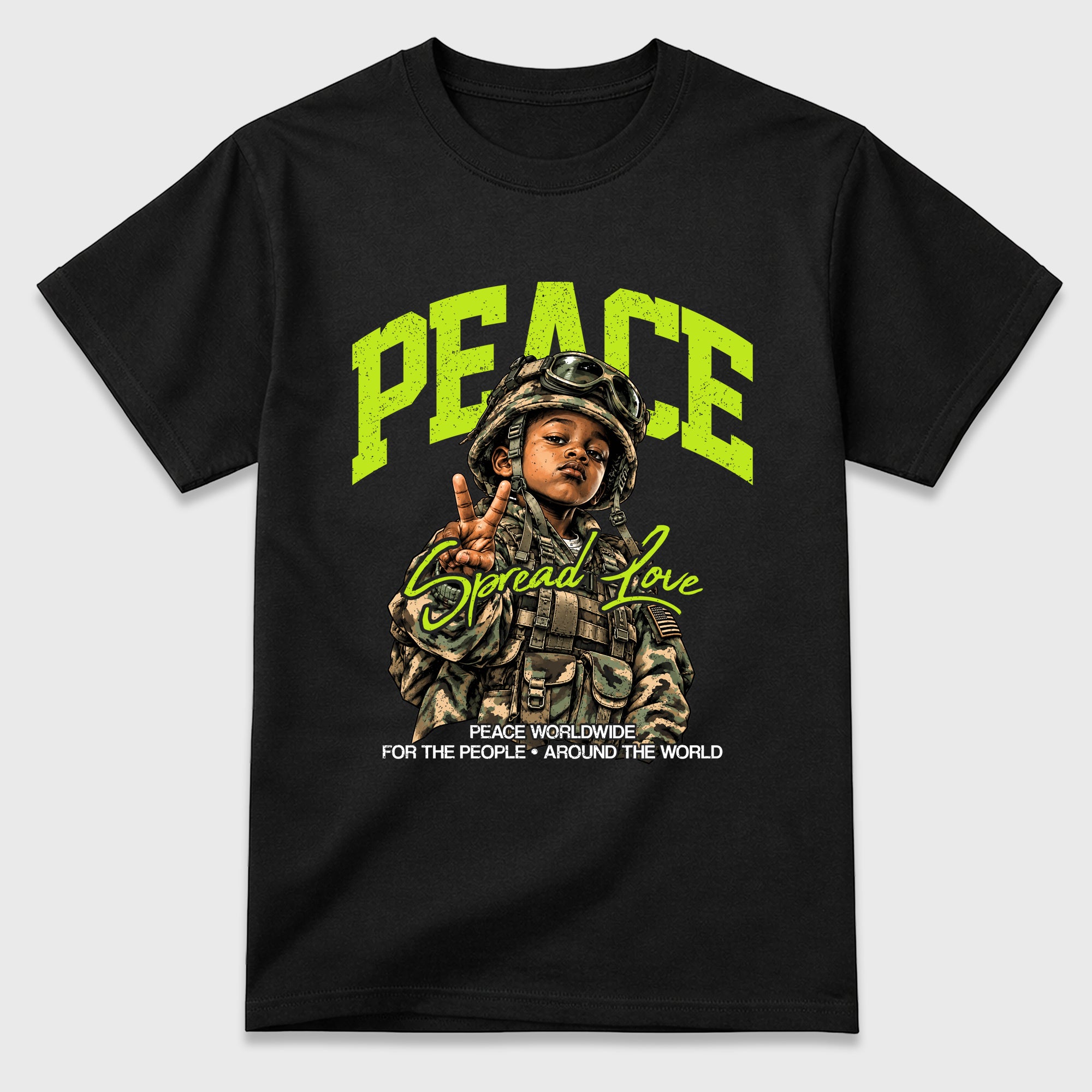 Peace Worldwide Graphic T-Shirt featuring original streetwear artwork designed to match the Air Foamposite Pro Green Camo. Black 2 Graphic T-Shirt.
