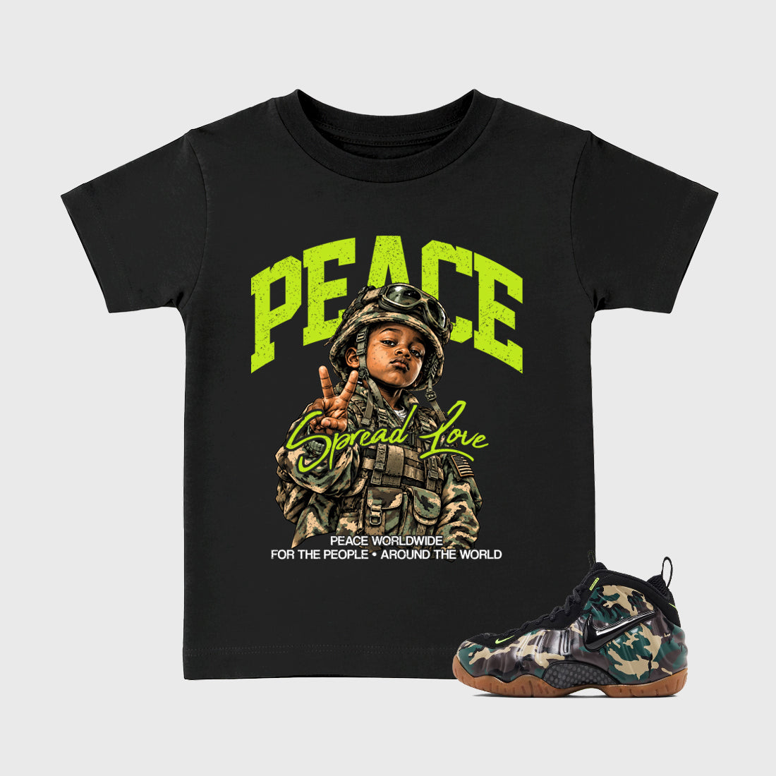 Peace Worldwide Baby & Kids Graphic T-Shirt featuring original artwork designed to match the Air Foamposite Pro Green Camo. Black 1 Kids Graphic Tee.