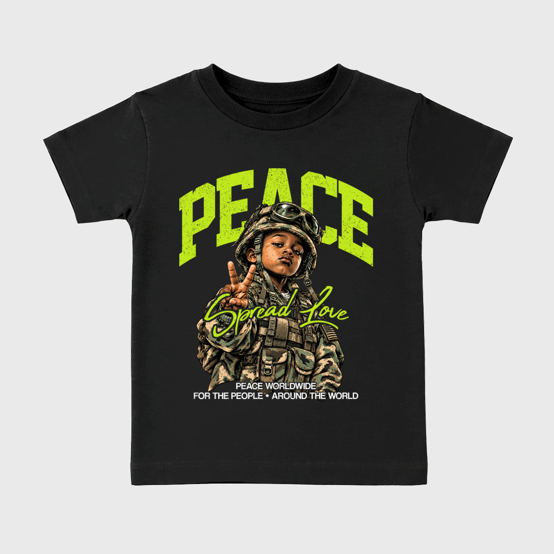 Peace Worldwide Baby & Kids Graphic T-Shirt featuring original artwork designed to match the Air Foamposite Pro Green Camo. Black 2 Kids Graphic Tee.