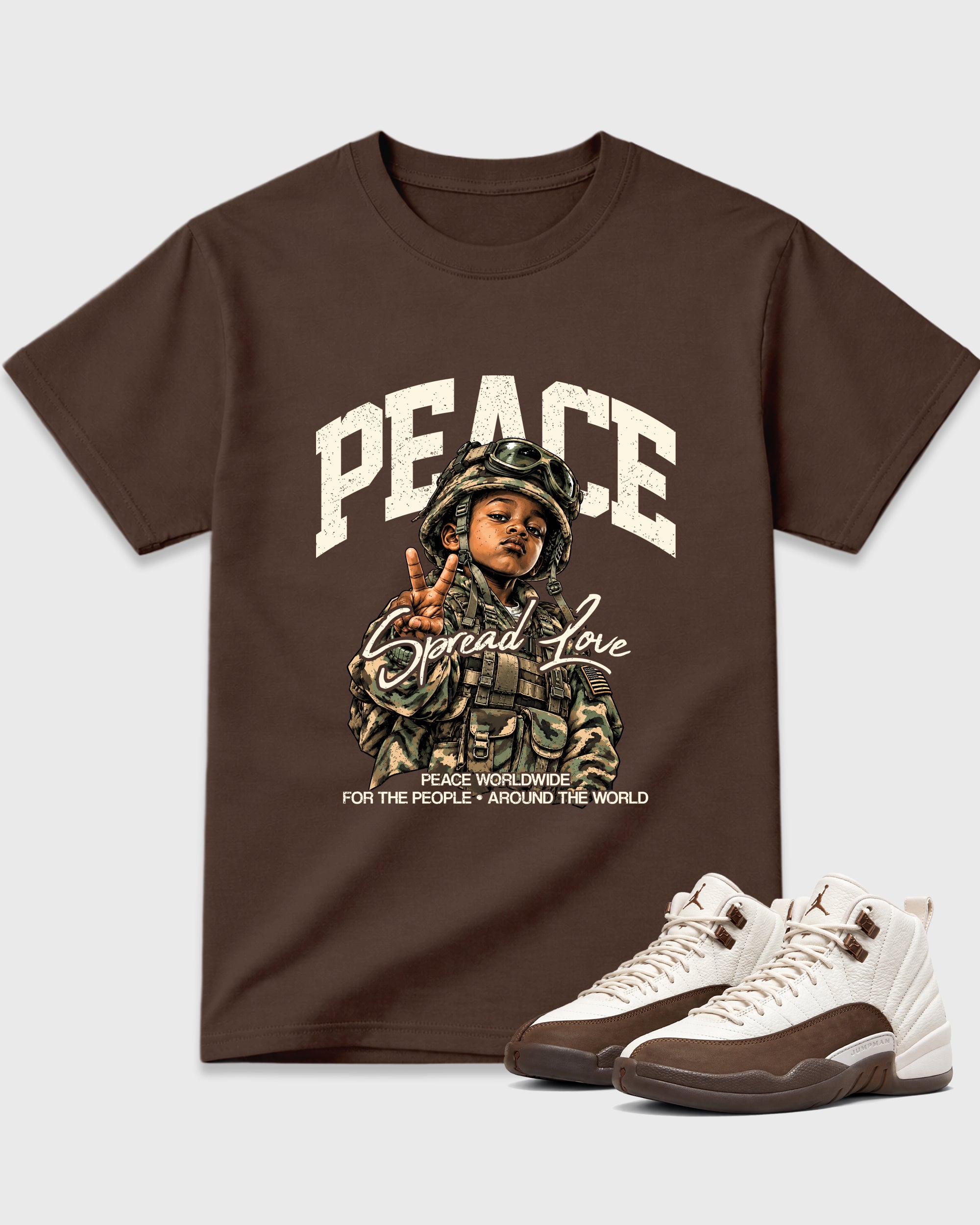 Peace Worldwide Graphic T-Shirt featuring original streetwear artwork designed to match the Air Jordan 12 Fireside. Dark Chocolate 1 Graphic T-Shirt.