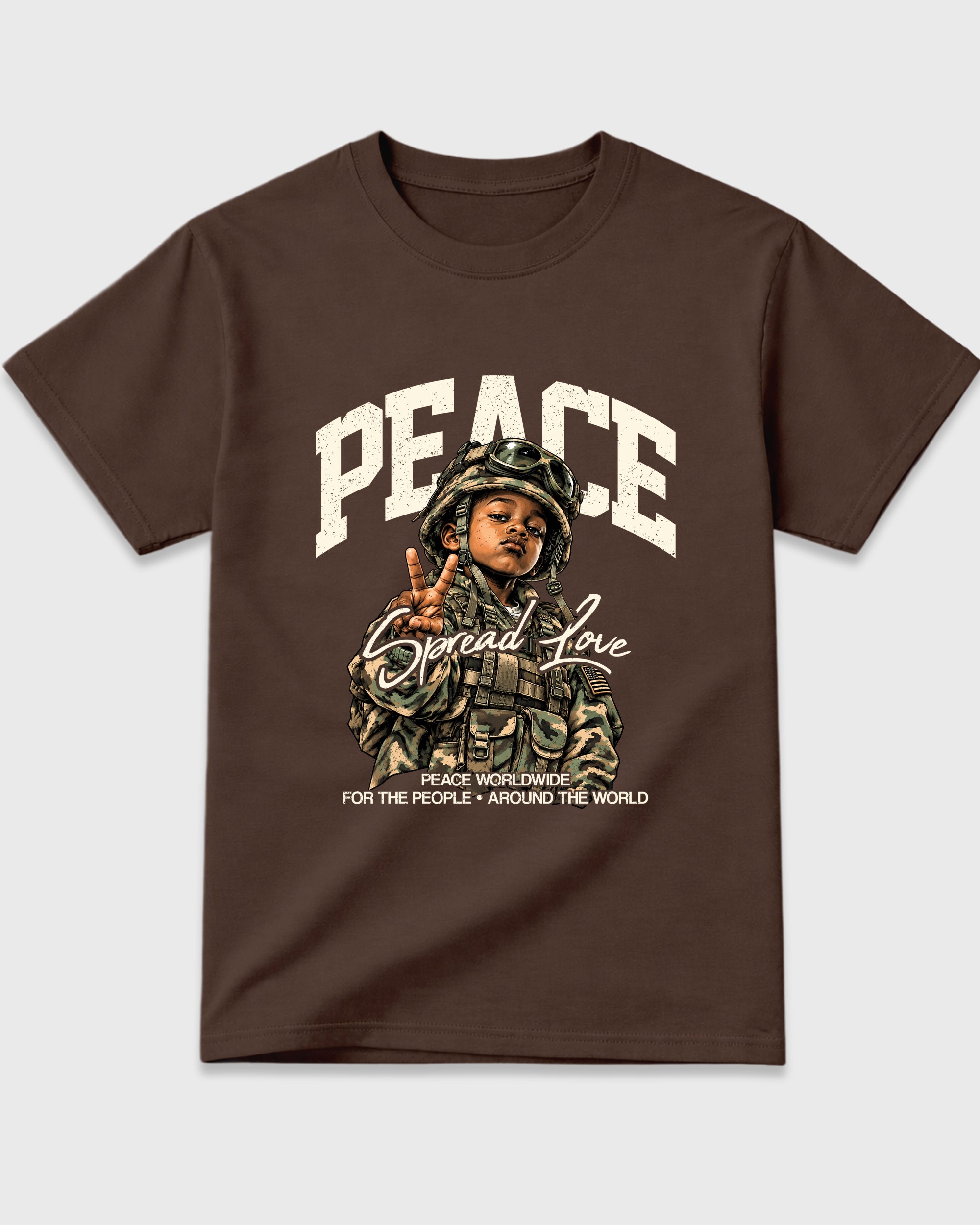 Peace Worldwide Graphic T-Shirt featuring original streetwear artwork designed to match the Air Jordan 12 Fireside. Dark Chocolate 2 Graphic T-Shirt.