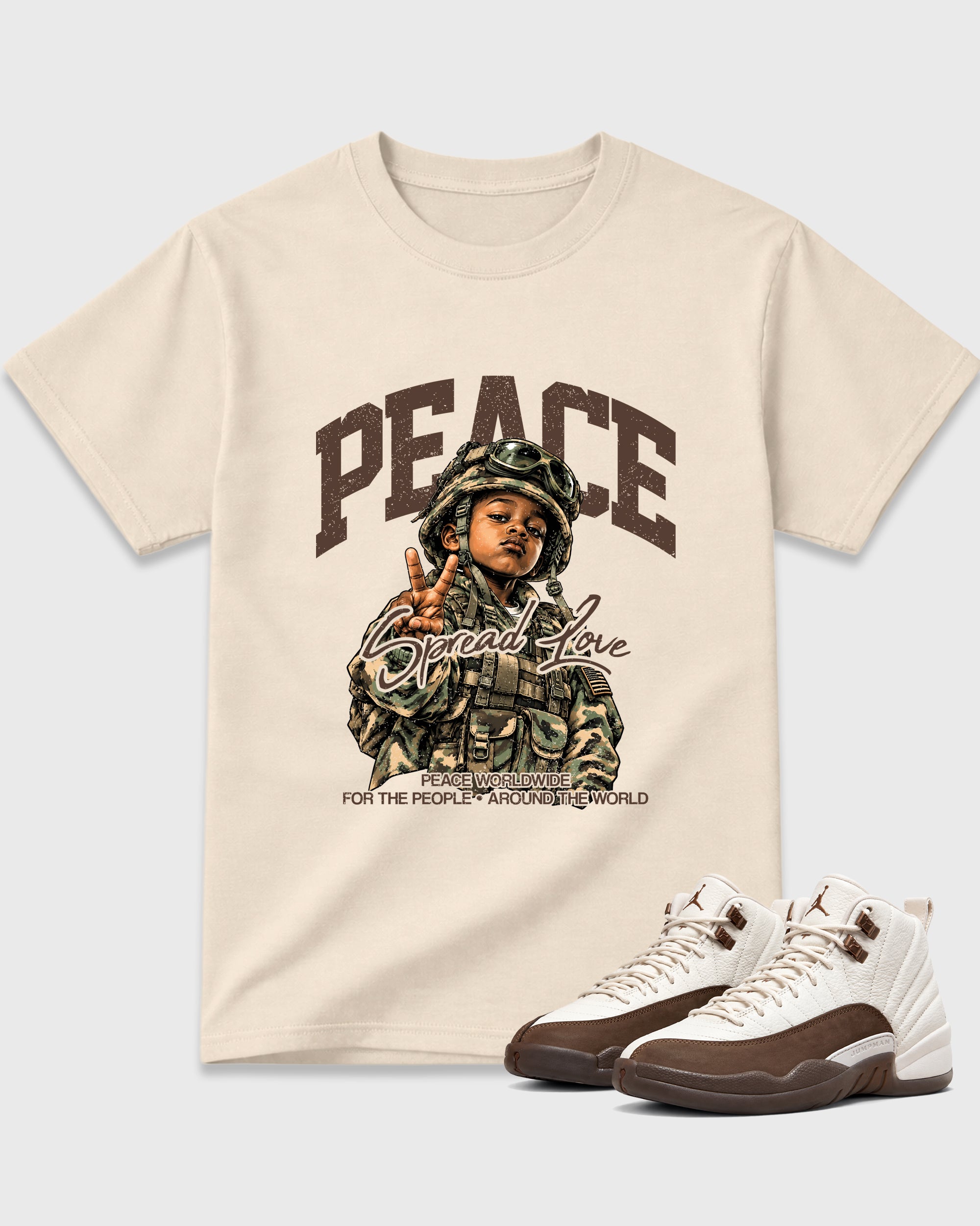 Peace Worldwide Graphic T-Shirt featuring original streetwear artwork designed to match the Air Jordan 12 Fireside. Natural 1 Graphic T-Shirt.