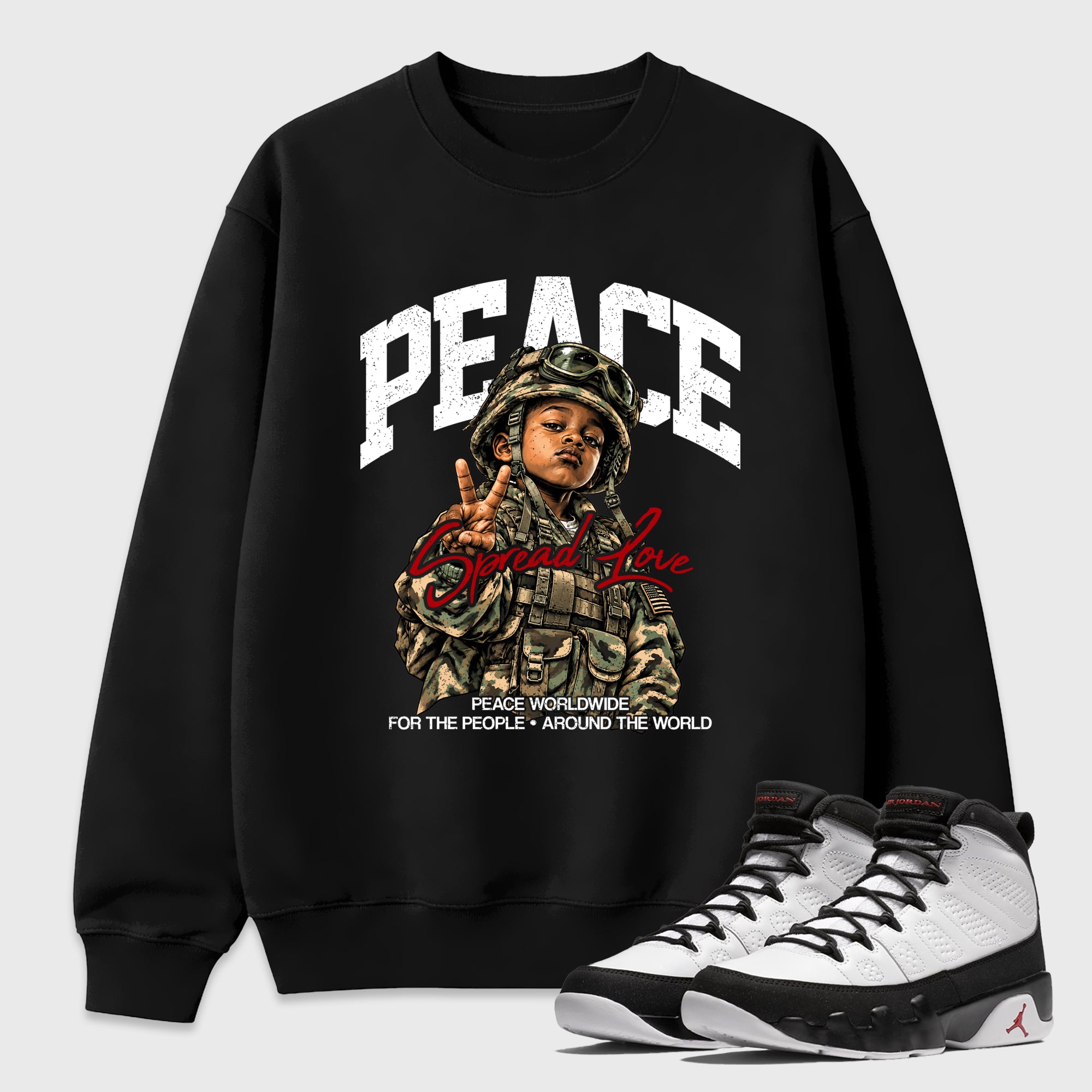 Peace Worldwide Graphic T-Shirt featuring original streetwear artwork designed to match the Air Jordan 9 True Red. Black 1 Graphic Tee.