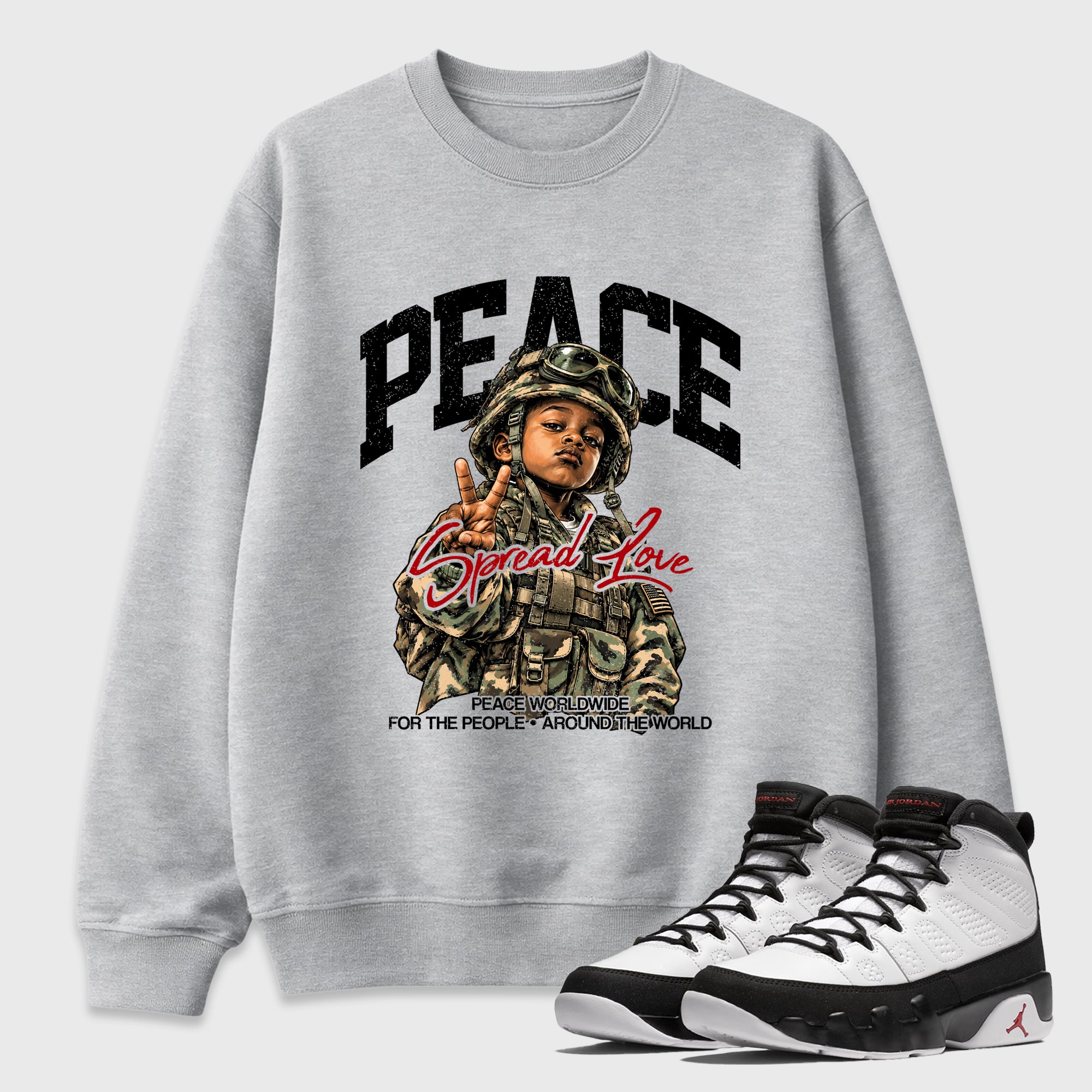 Peace Worldwide Graphic T-Shirt featuring original streetwear artwork designed to match the Air Jordan 9 True Red. Heather Grey 1 Graphic Tee.
