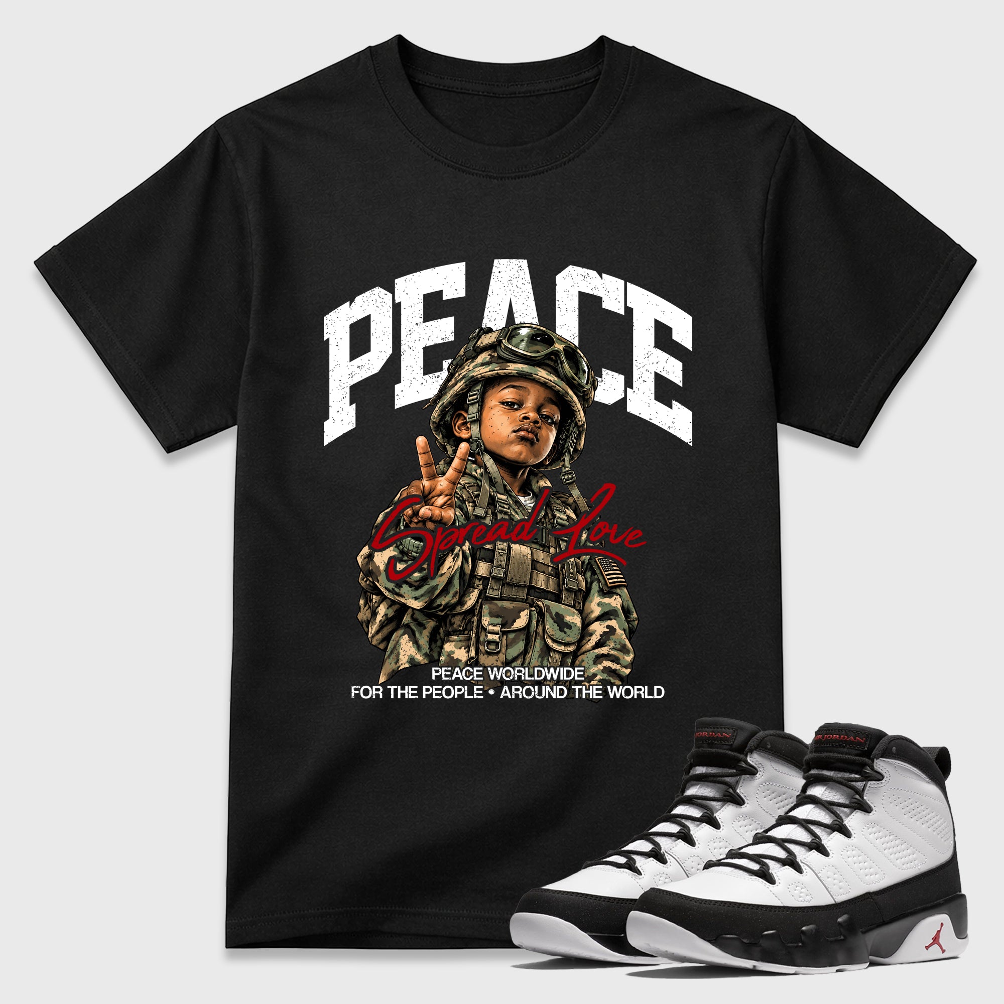 Peace Worldwide Graphic T-Shirt featuring original streetwear artwork designed to match the Air Jordan 9 True Red. Black 1 Graphic T-Shirt.