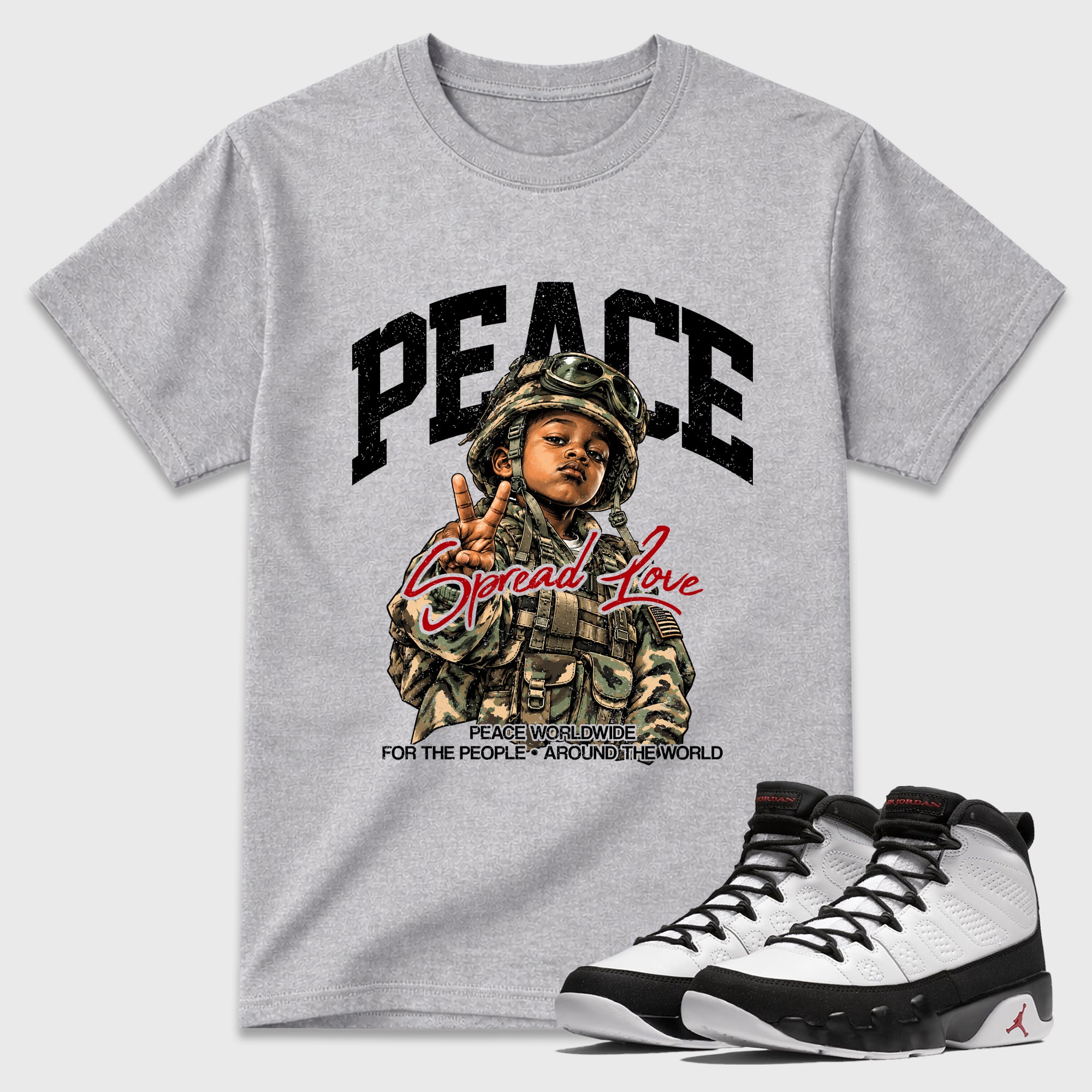 Peace Worldwide Graphic T-Shirt featuring original streetwear artwork designed to match the Air Jordan 9 True Red. Heather Grey 1 Graphic T-Shirt.