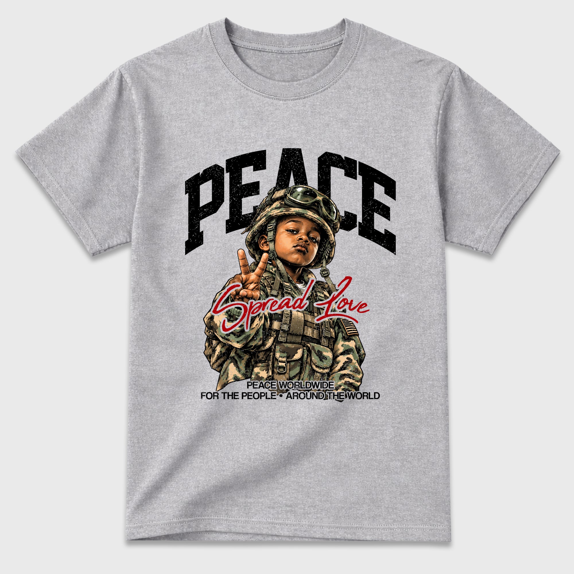 Peace Worldwide Graphic T-Shirt featuring original streetwear artwork designed to match the Air Jordan 9 True Red. Heather Grey 2 Graphic T-Shirt.