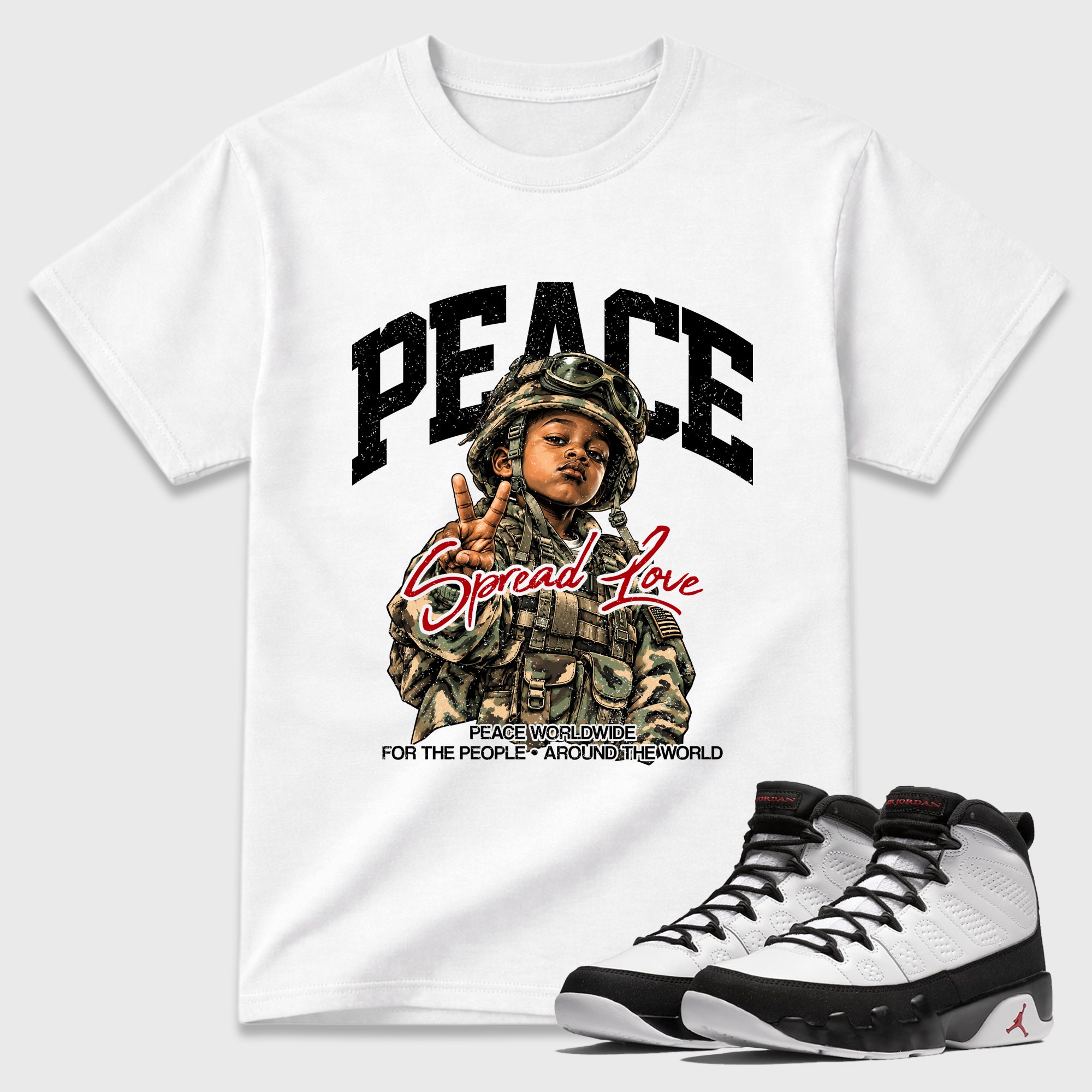 Peace Worldwide Graphic T-Shirt featuring original streetwear artwork designed to match the Air Jordan 9 True Red. White 1 Graphic T-Shirt.