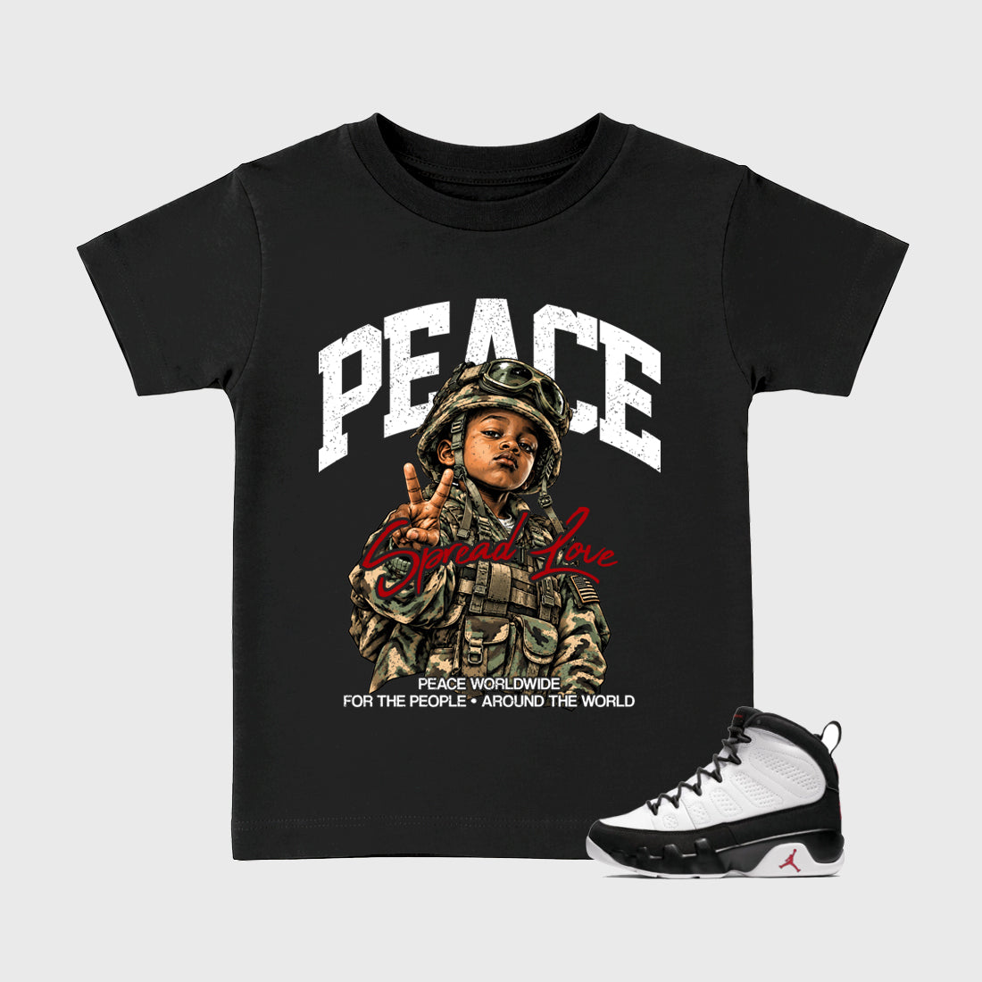 Peace Worldwide Baby & Kids Graphic T-Shirt featuring original artwork designed to match the Air Jordan 9 True Red. Black 1 Kids Graphic Tee.