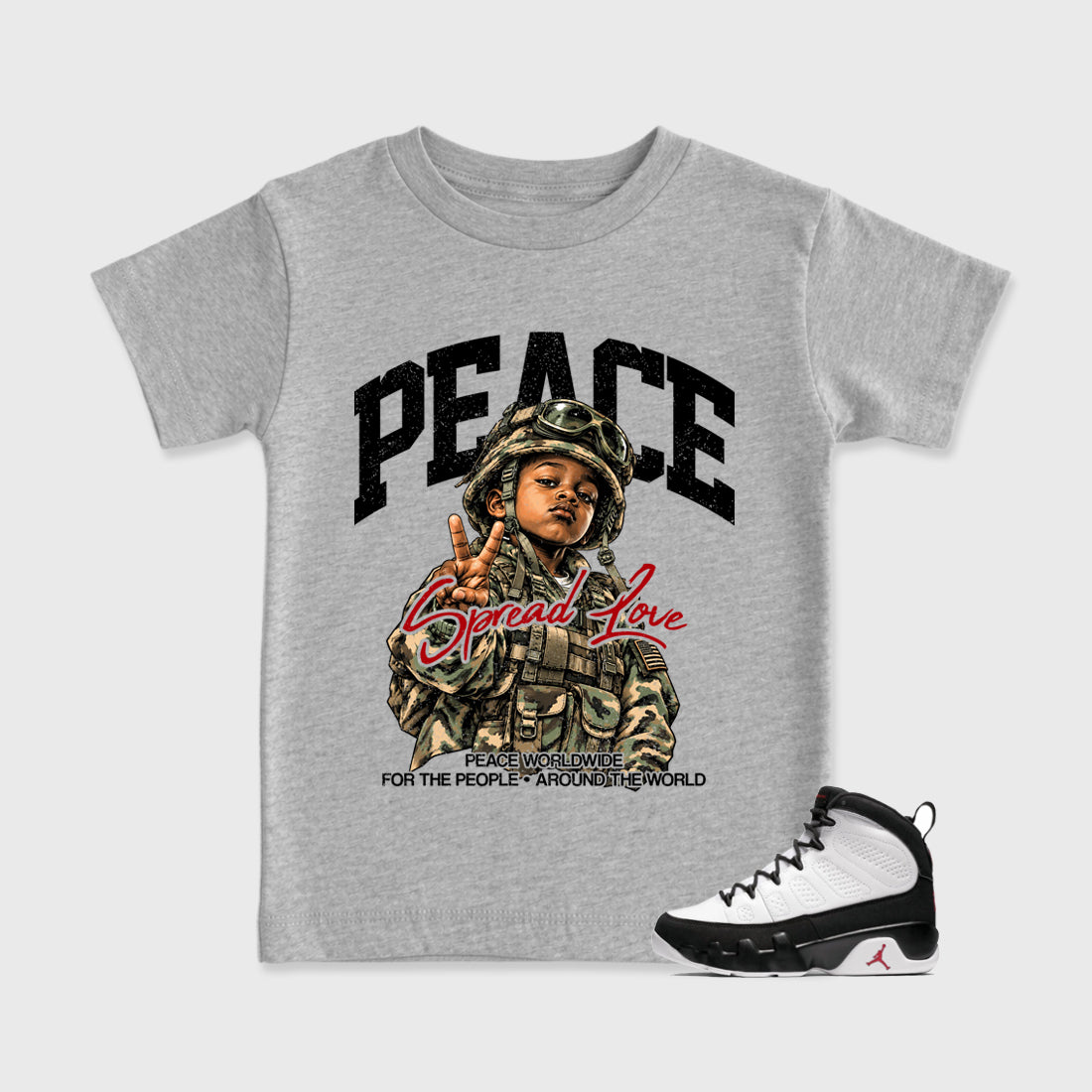 Peace Worldwide Baby & Kids Graphic T-Shirt featuring original artwork designed to match the Air Jordan 9 True Red. Heather Grey 1 Kids Graphic Tee.