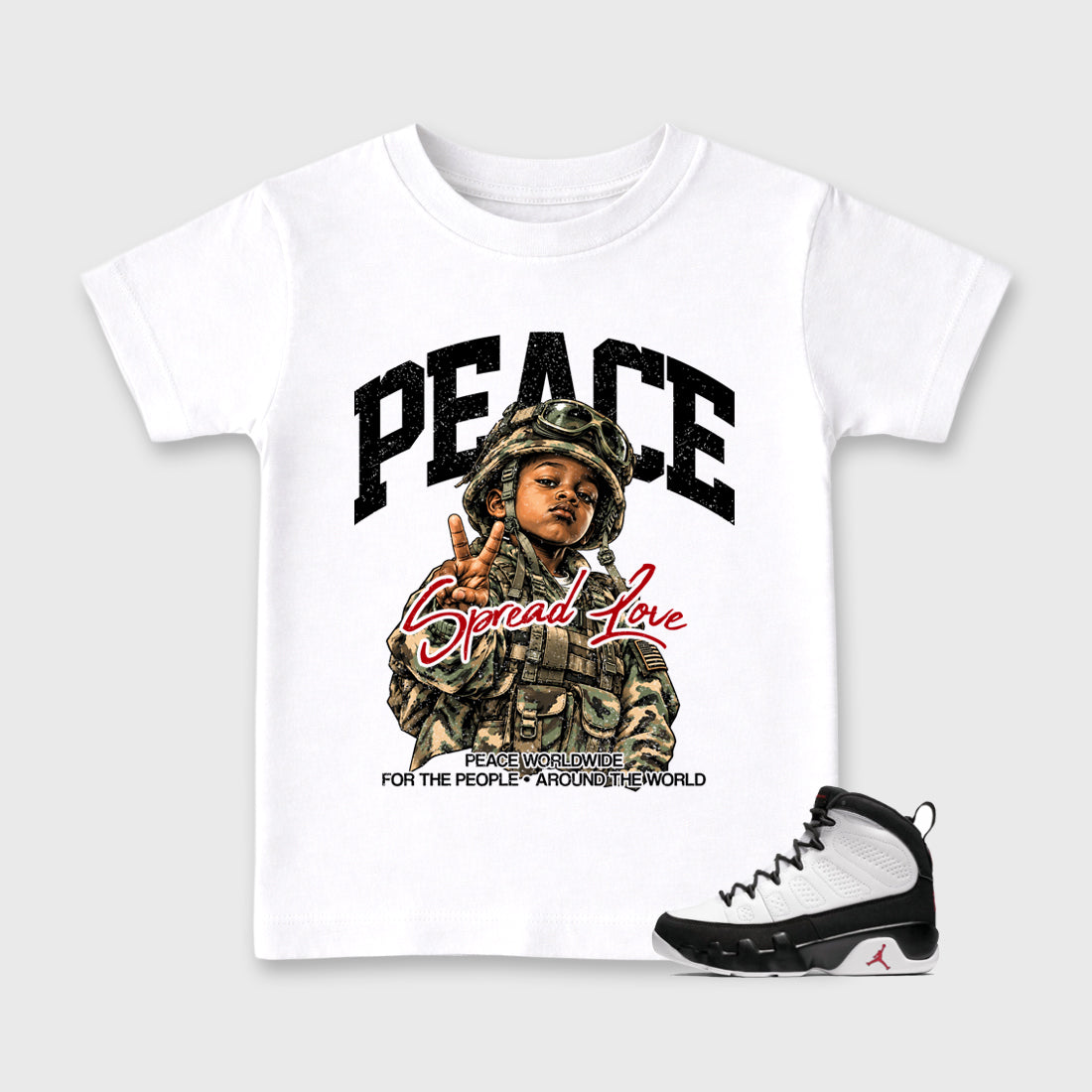 Peace Worldwide Baby & Kids Graphic T-Shirt featuring original artwork designed to match the Air Jordan 9 True Red. White 1 Kids Graphic Tee.